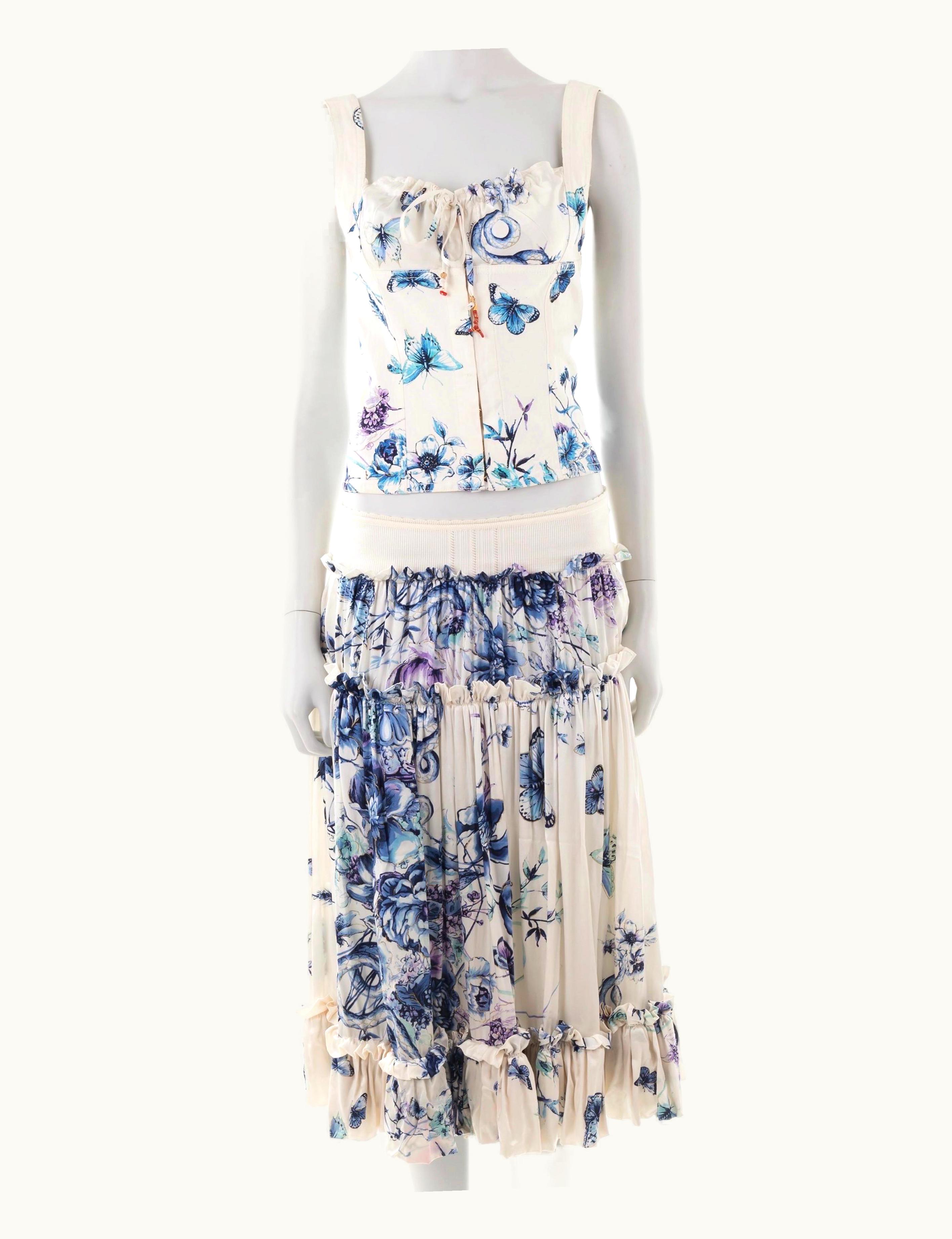 Roberto Cavalli Roberto Cavalli S/S 2005 White Butterfly Print Silk Corset And Skirt Set
