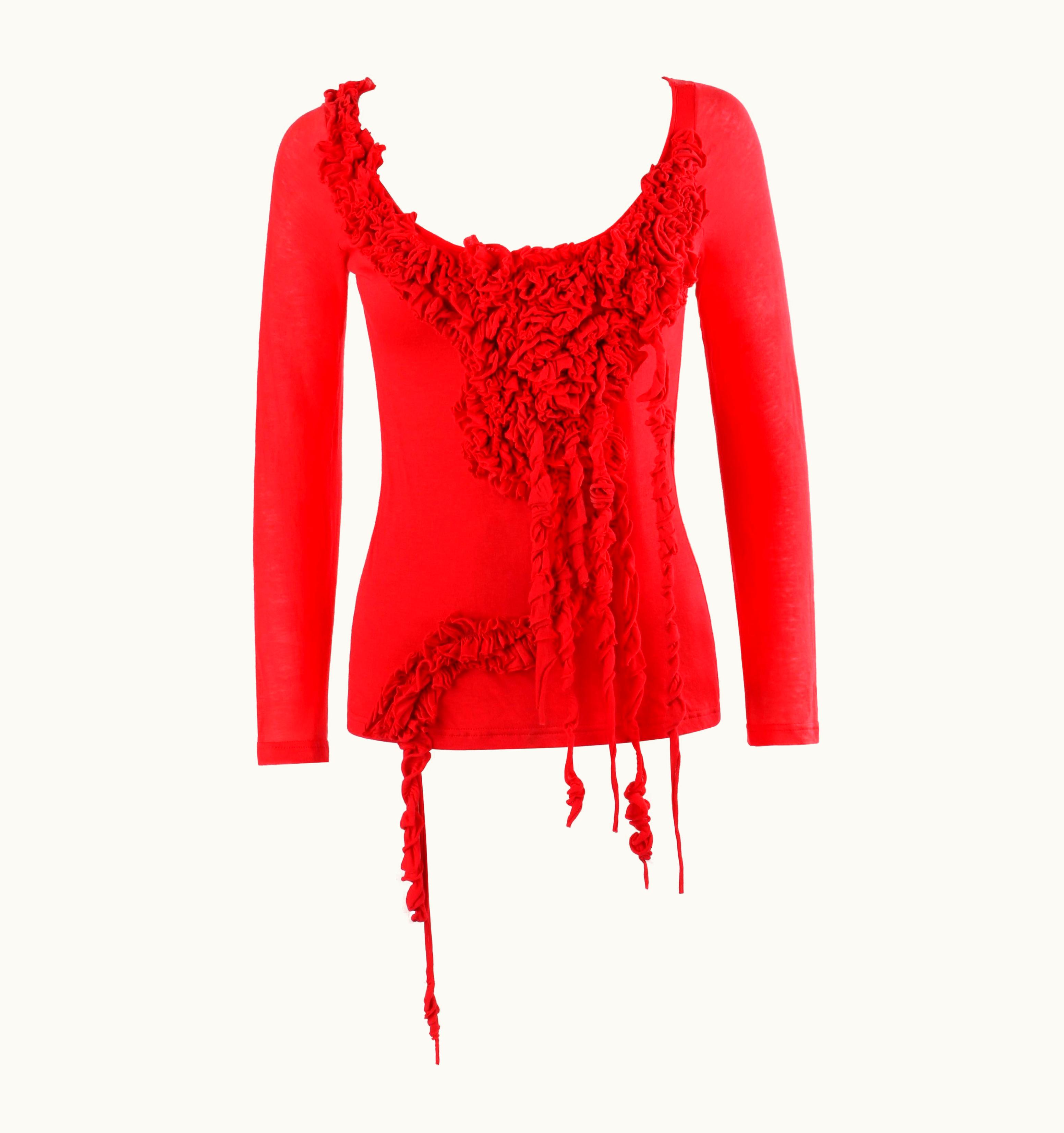 Alexander McQueen Alexander McQUEEN AW 2005 Red Long Sleeve Boat S/S Scoop Neck Flower Ruffle Top