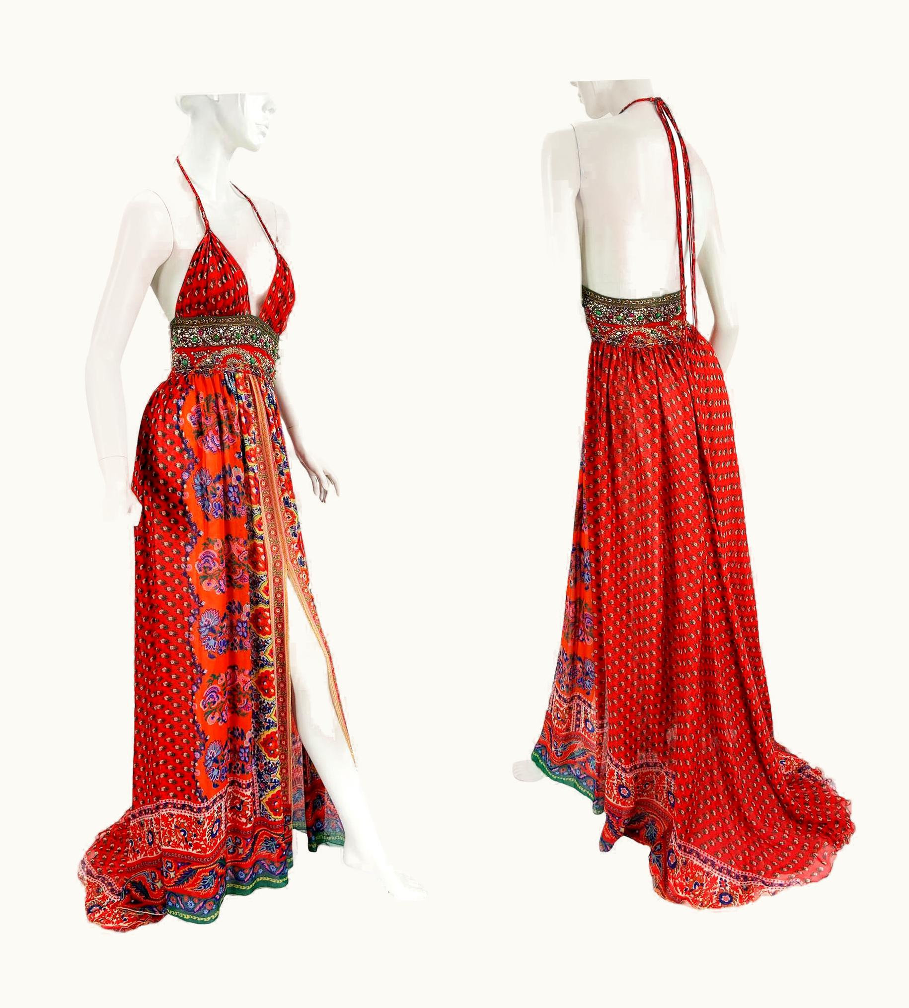 Oscar De La Renta Oscar De La Renta S/S 2005 Runway Silk Halter Beaded Open Back Maxi Dress Us