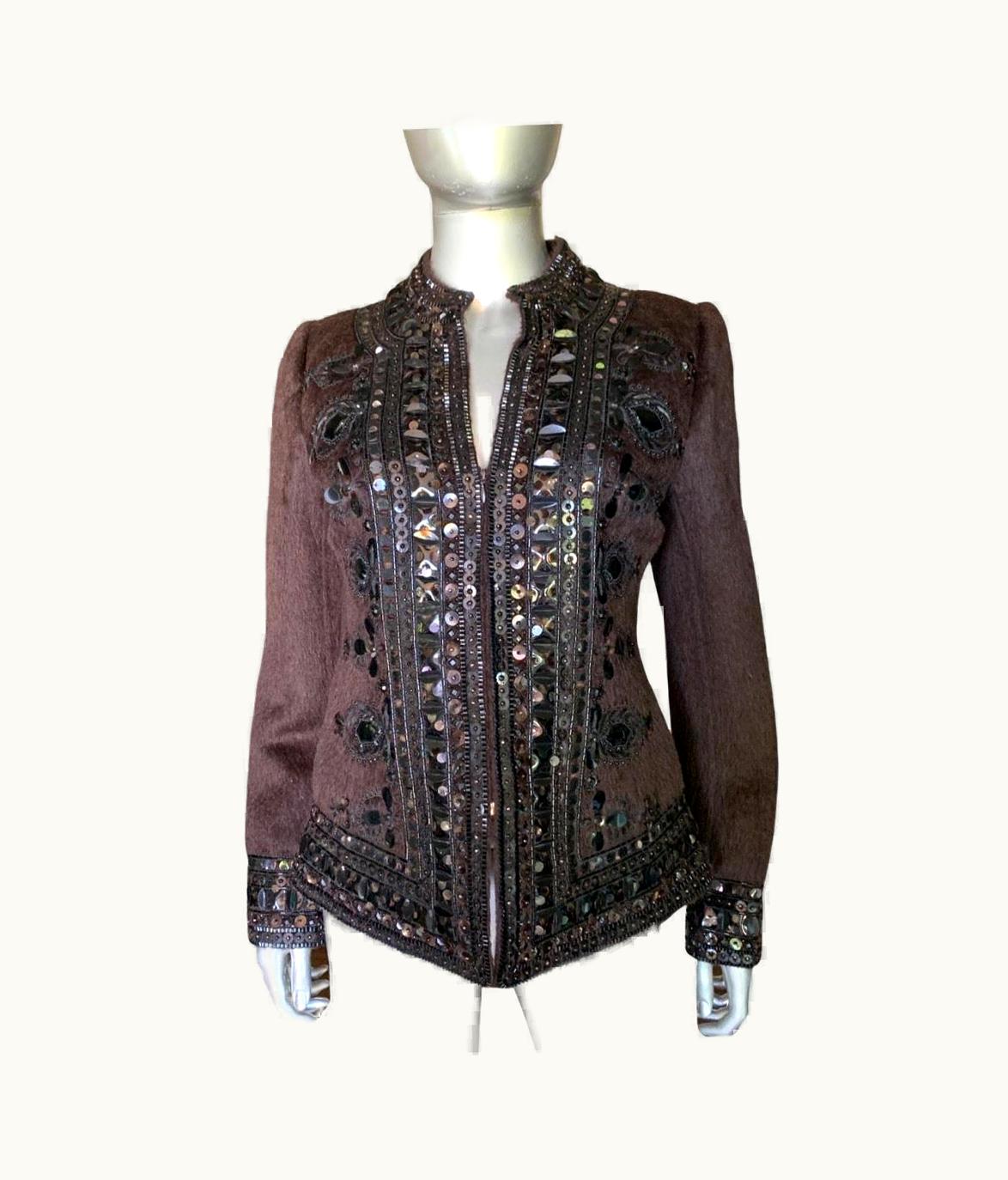 Oscar De La Renta Oscar De La Renta Italy Brown Zip Jacket WS/S Metal & Jewel Embellishments