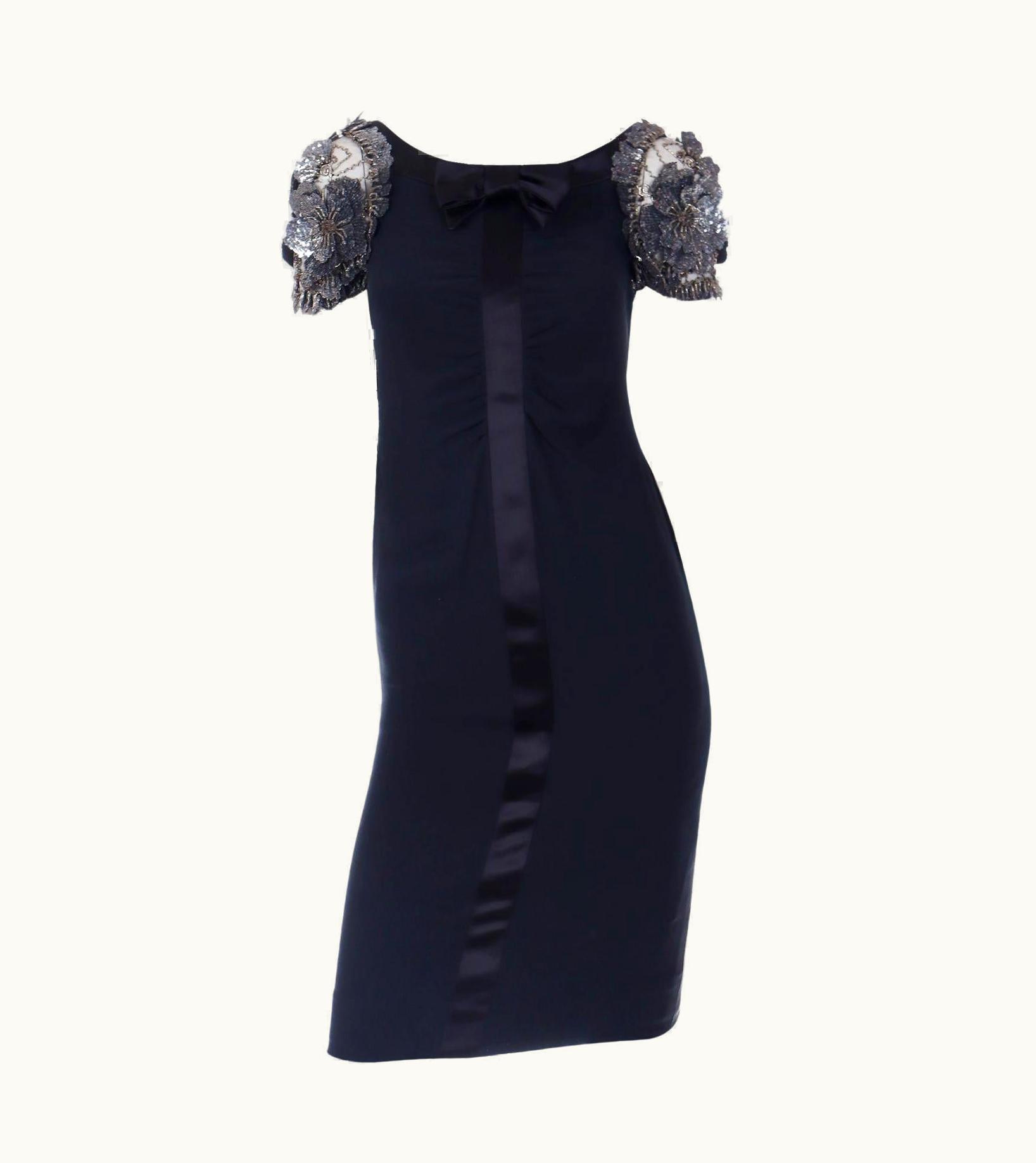 Valentino Valentino Navy Evening Dress With Silver Beaded Applique Sleeves & Satin Bow
