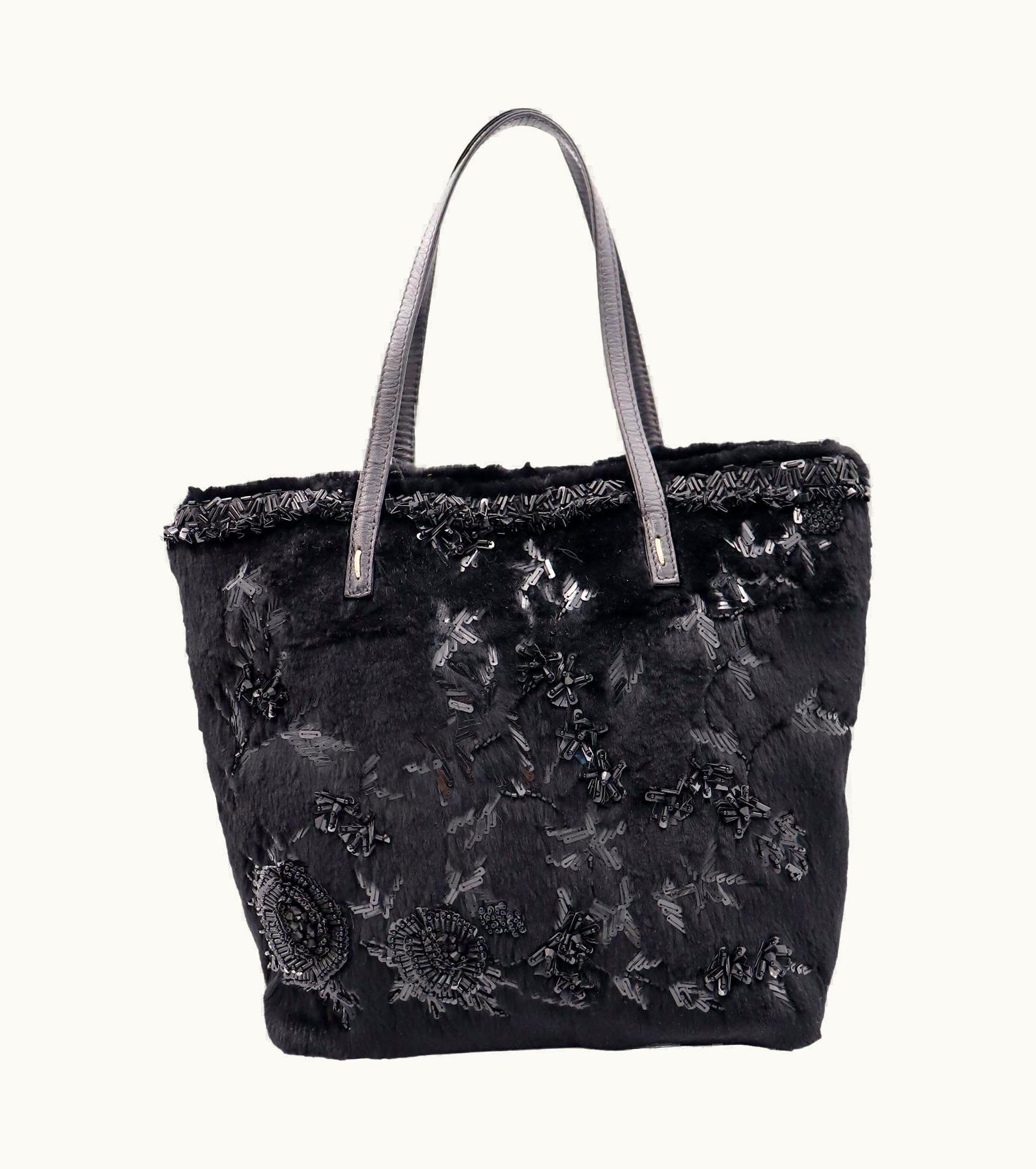 Valentino Valentino Garavani Black Beaded Black Fur & Leather Tote Bag Style Handbag