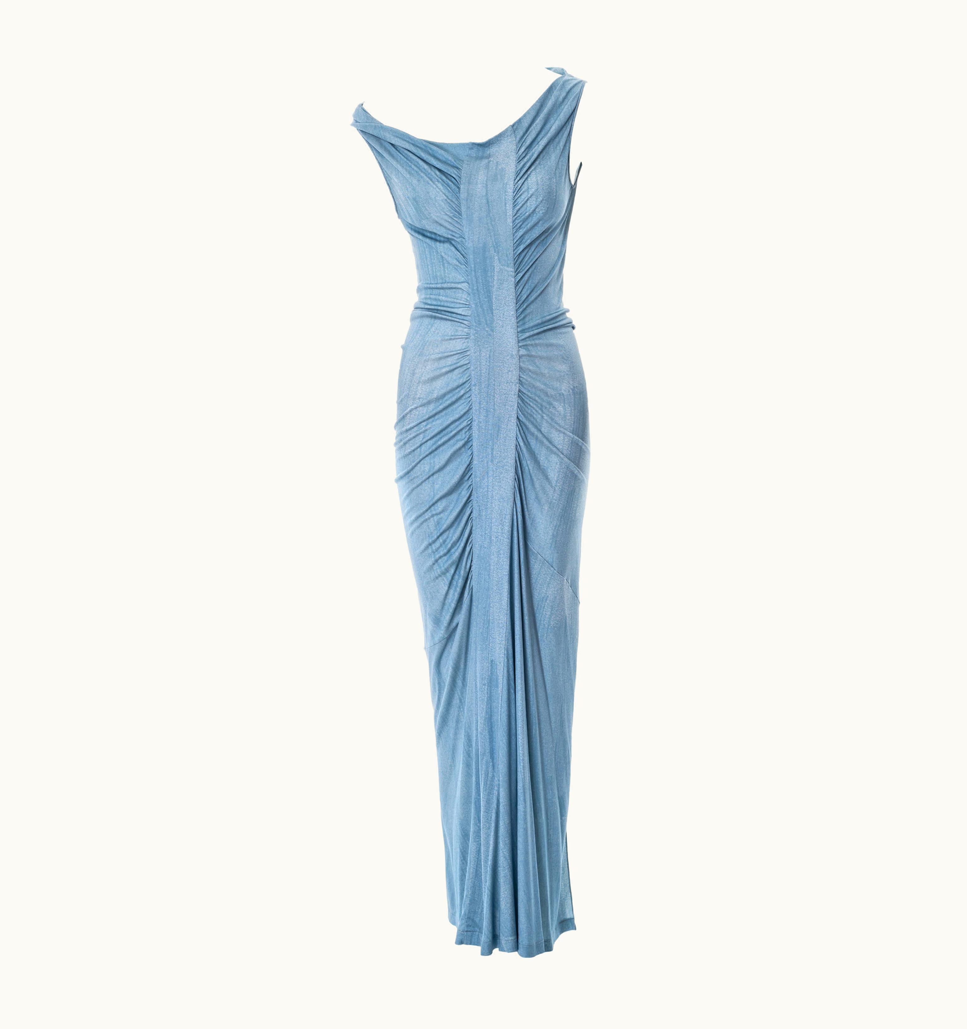 John Galliano John Galliano Blue Printed Silk Jersey Ruched Maxi Dress, S/S 2007