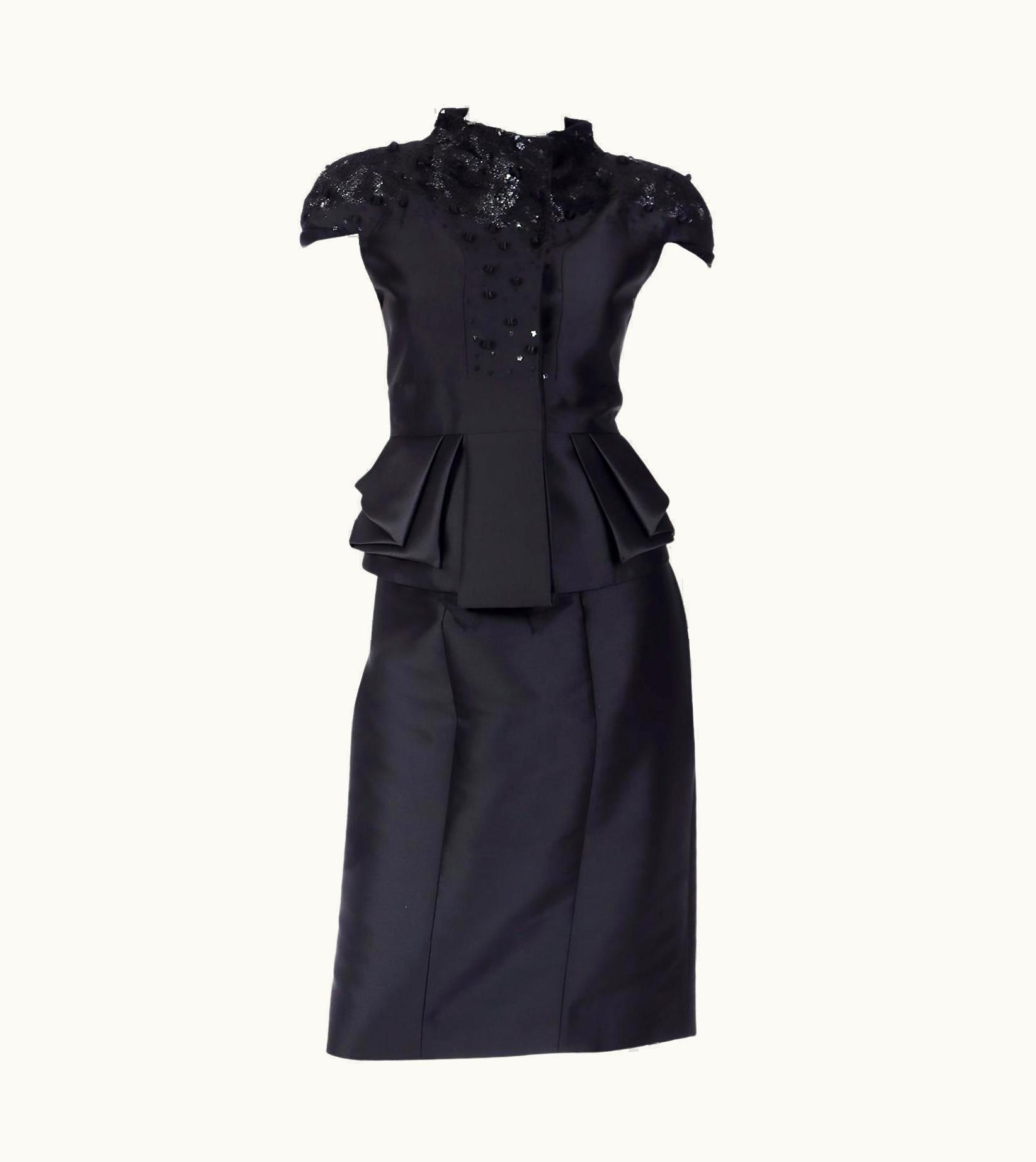Valentino Valentino Dead Stock Black Satin Evening Jacket & Skirt Suit W Stacked Sequins