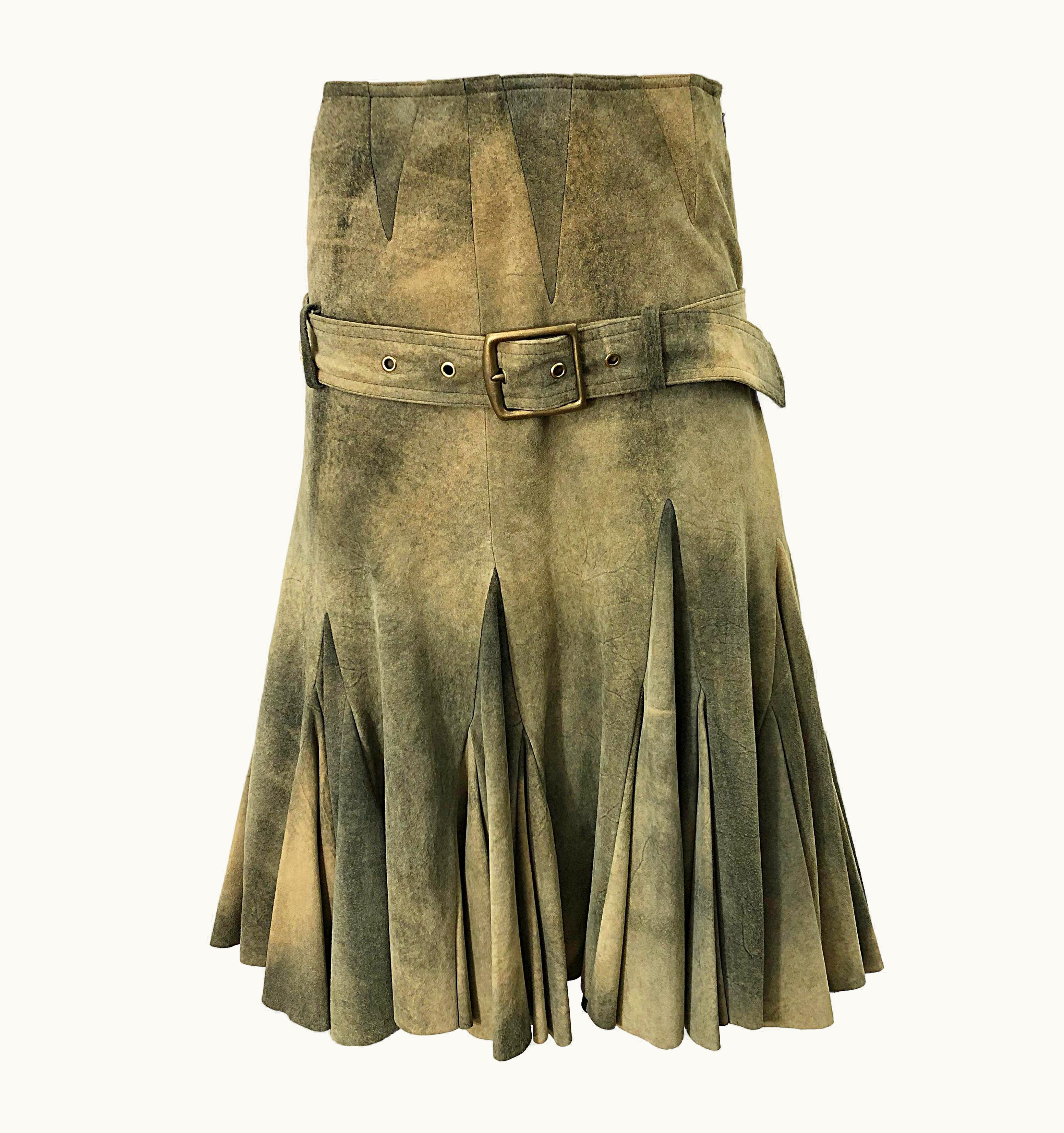 John Galliano John Galliano 2000s Leather Distressed Print Drop Waist Belted Skirt