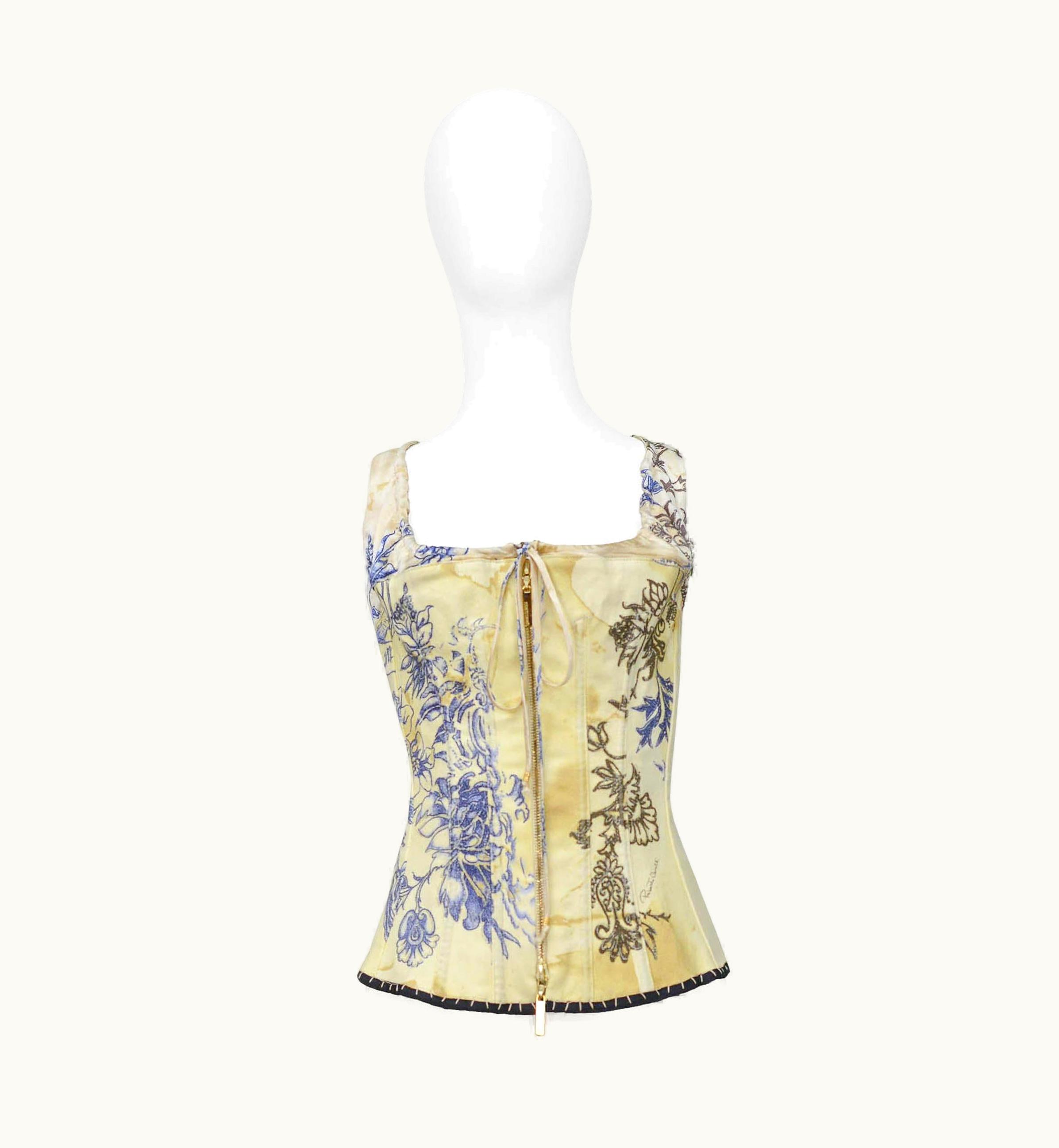 Roberto Cavalli Roberto Cavalli Iconic Off White Tattoo Print Corset Top