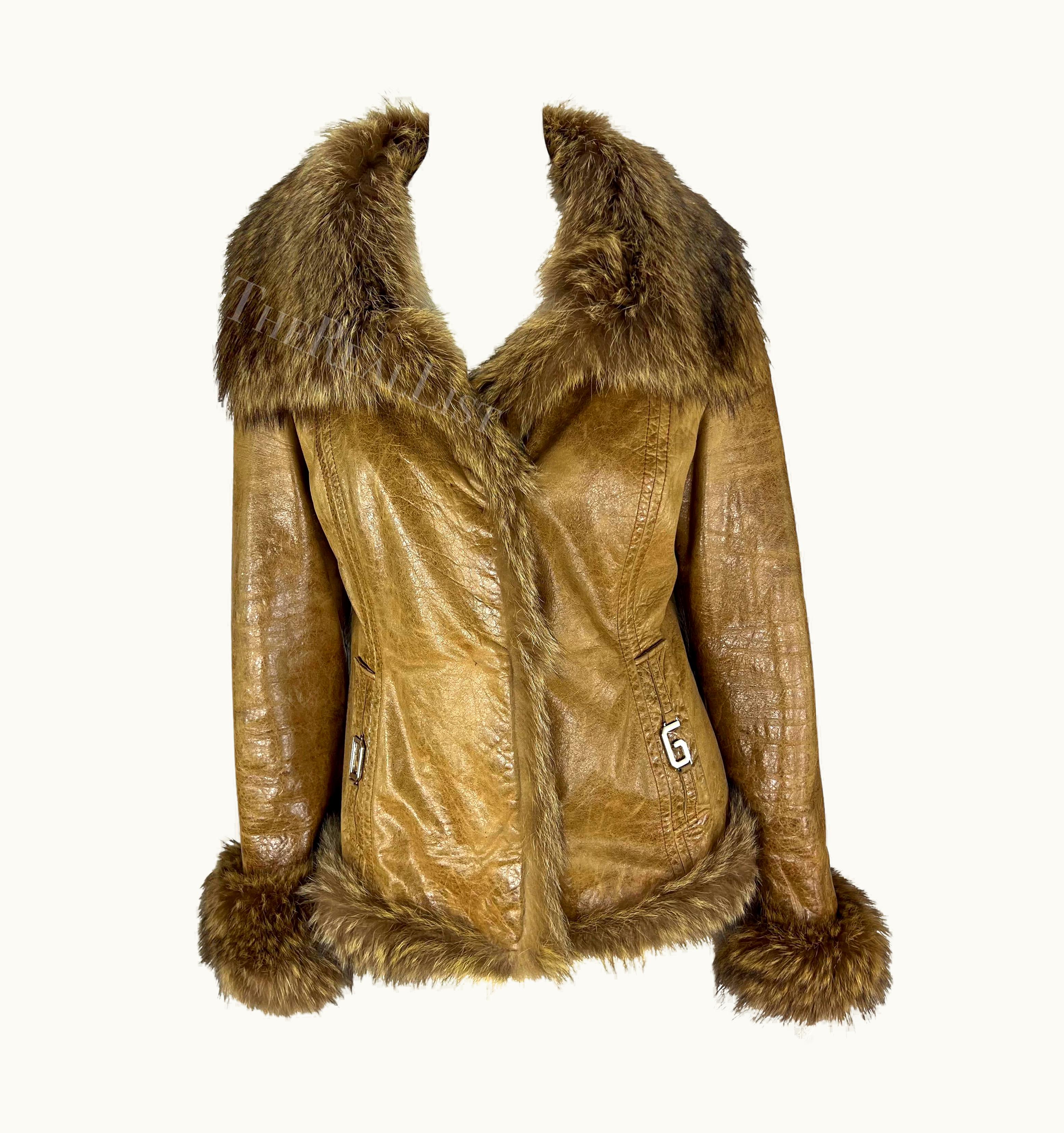 Dolce & Gabbana 2000s Dolce & Gabbana Logo Buckle Brown Distressed Patent Leather Fur Coat