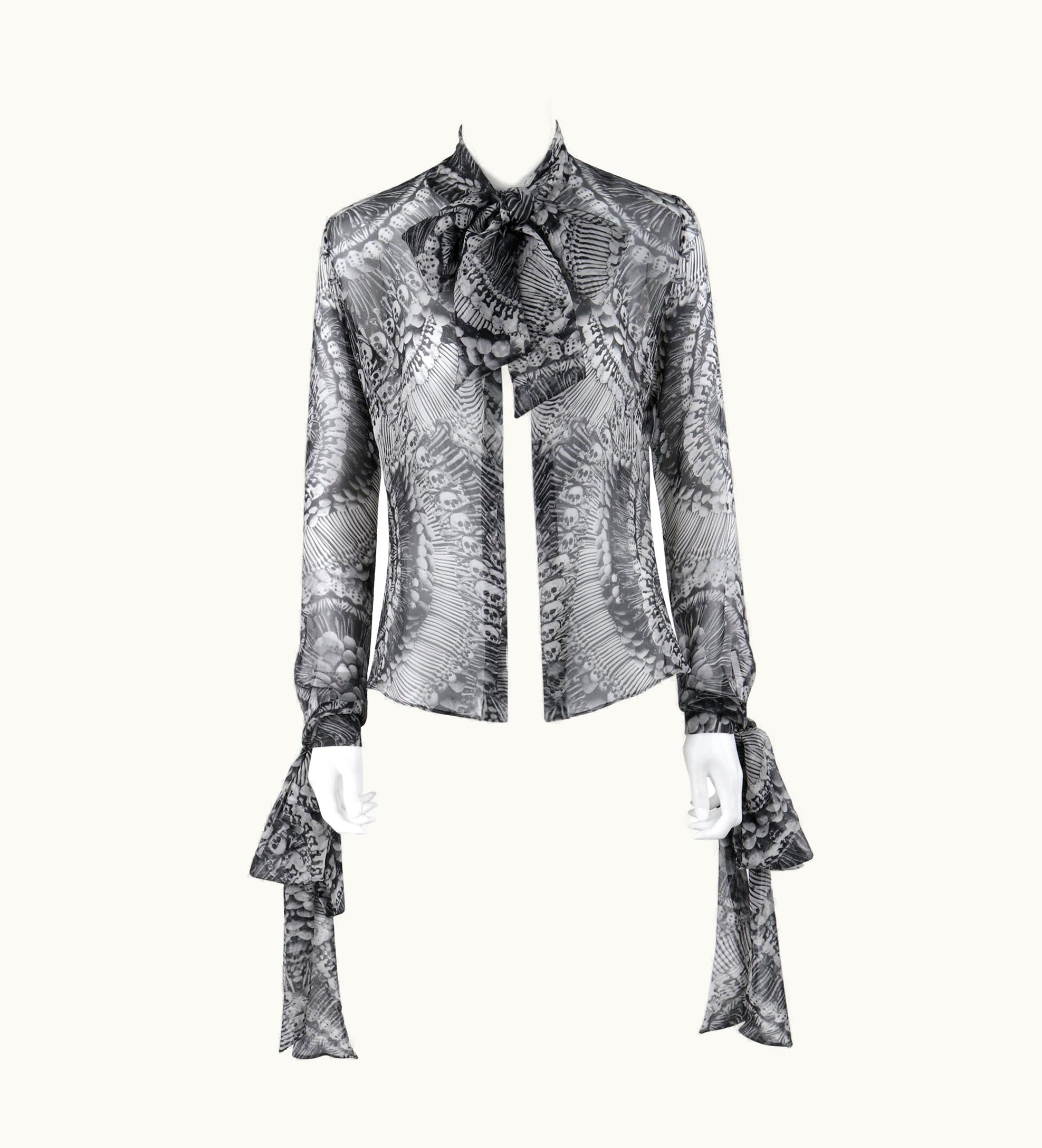 Alexander McQueen Alexander McQUEEN AW 2010 Black White Skull Silk Chiffon Bow Collar Cuff Blouse