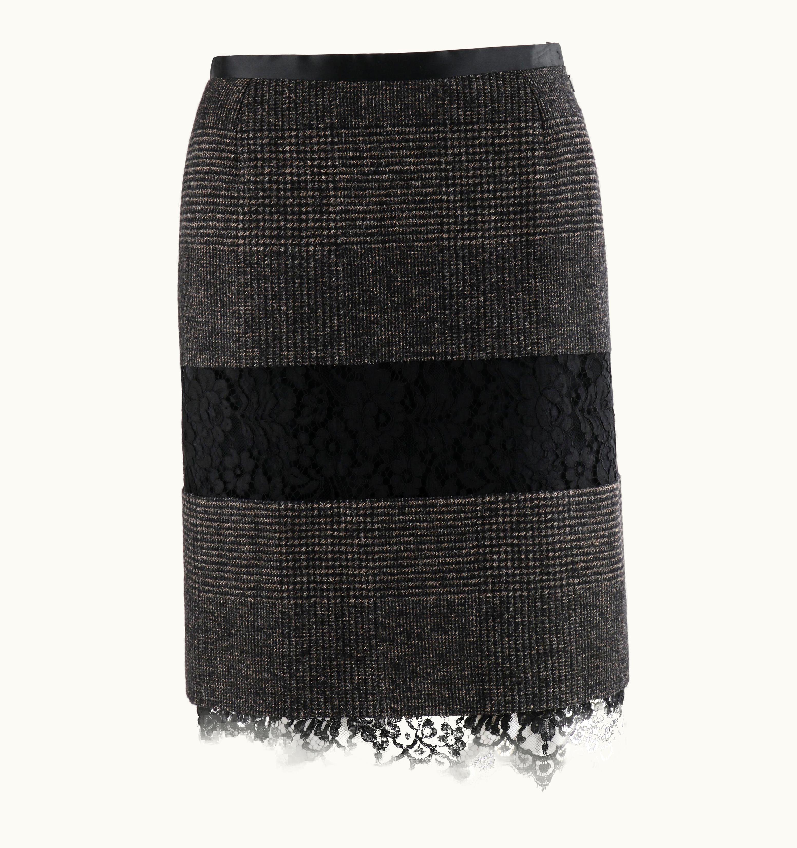 Dolce & Gabbana Dolce & Gabbana AW 2010 Black Gray Plaid Tweed Lace Trim Panel Sheath Skirt