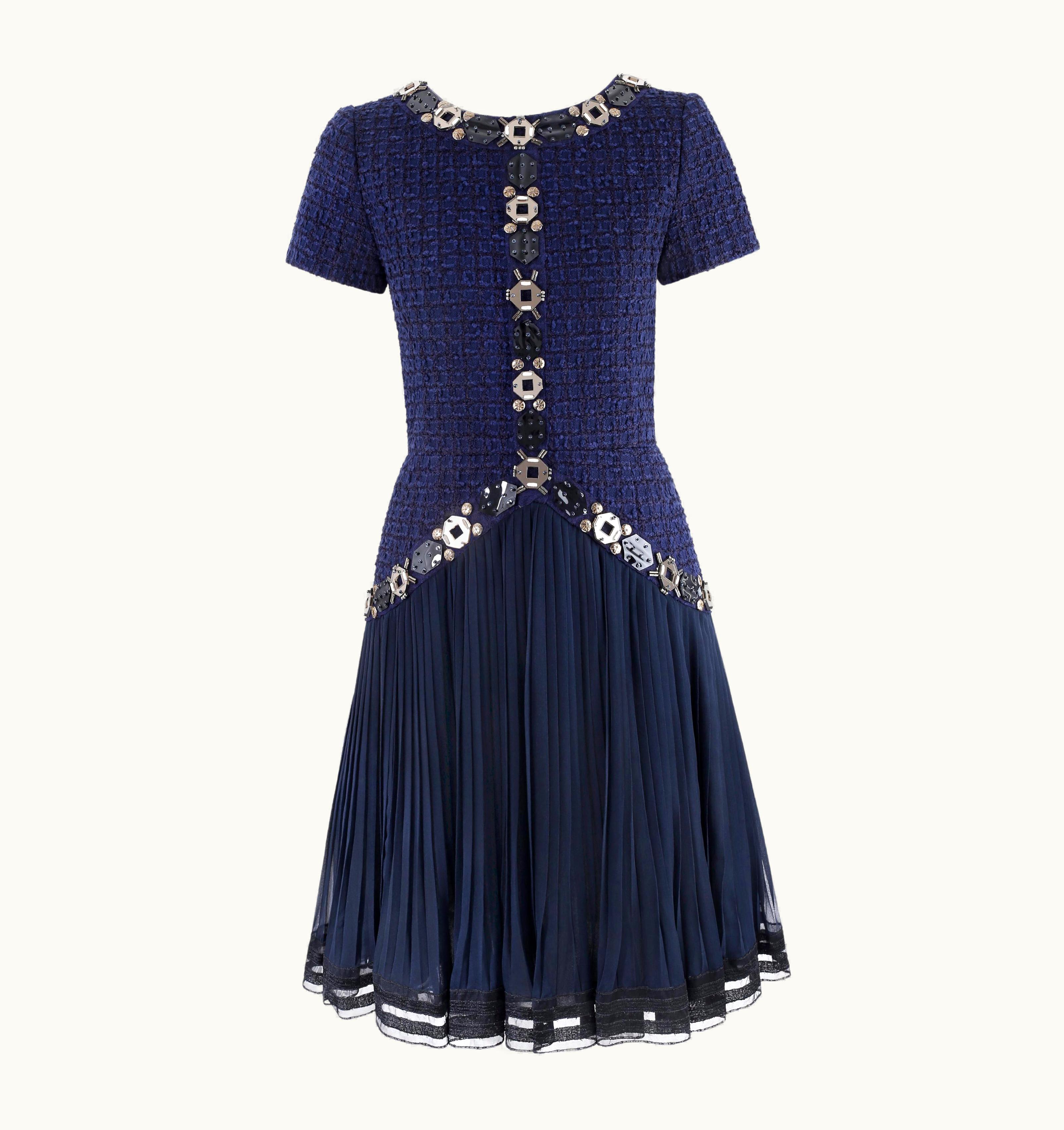 Oscar De La Renta Oscar De La Renta Resort 2010 Blue Embellished Tweed Fit & Flare Pleated Dress