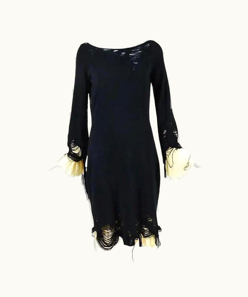 Alexander McQueen 2010 Alexander McQueen Runway Black & Nude Wool Silk Distressed Knit Dress