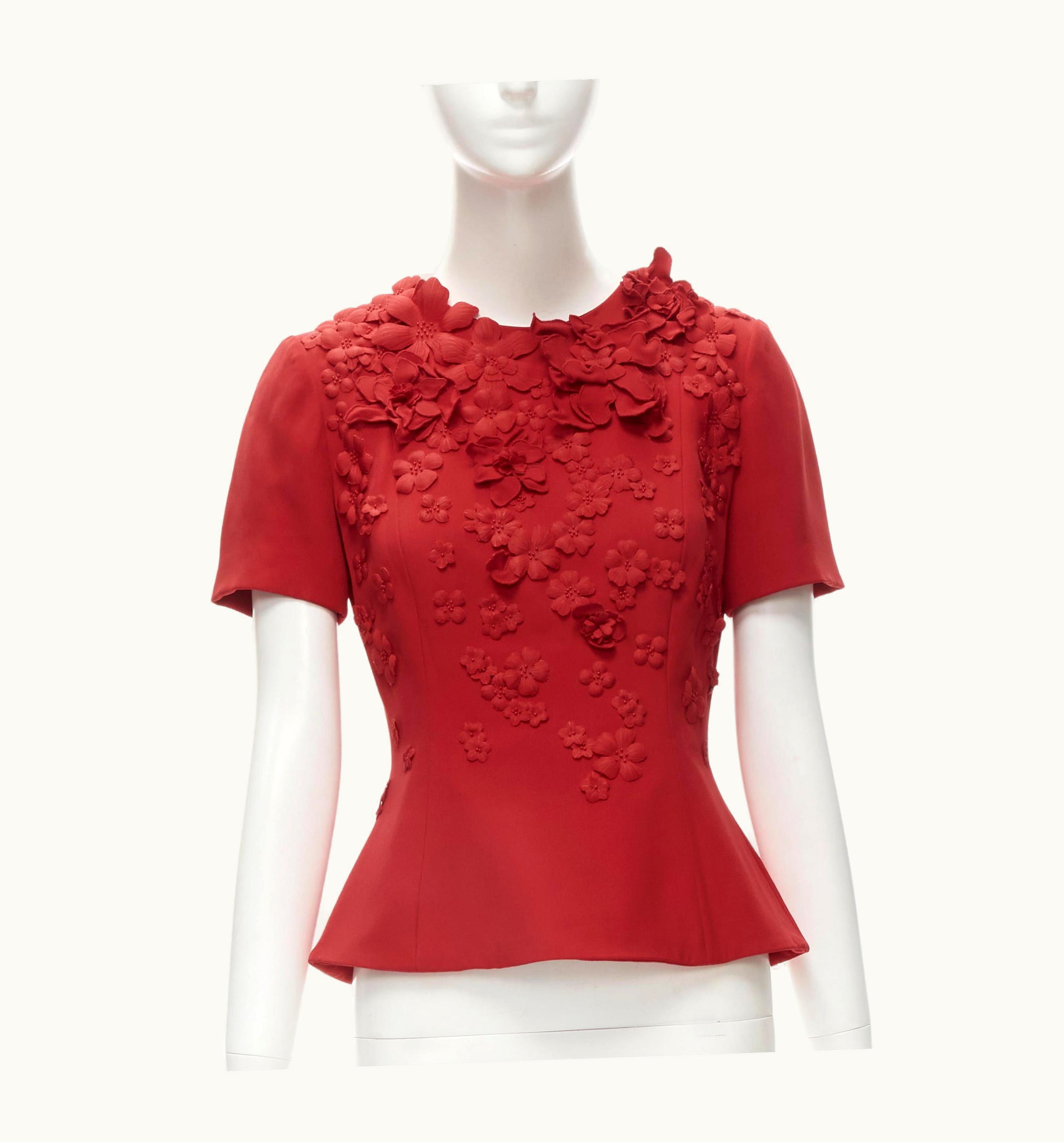 Oscar De La Renta Oscar De La Renta Red Viscose 3d Flower Petal Applique Peplum Top