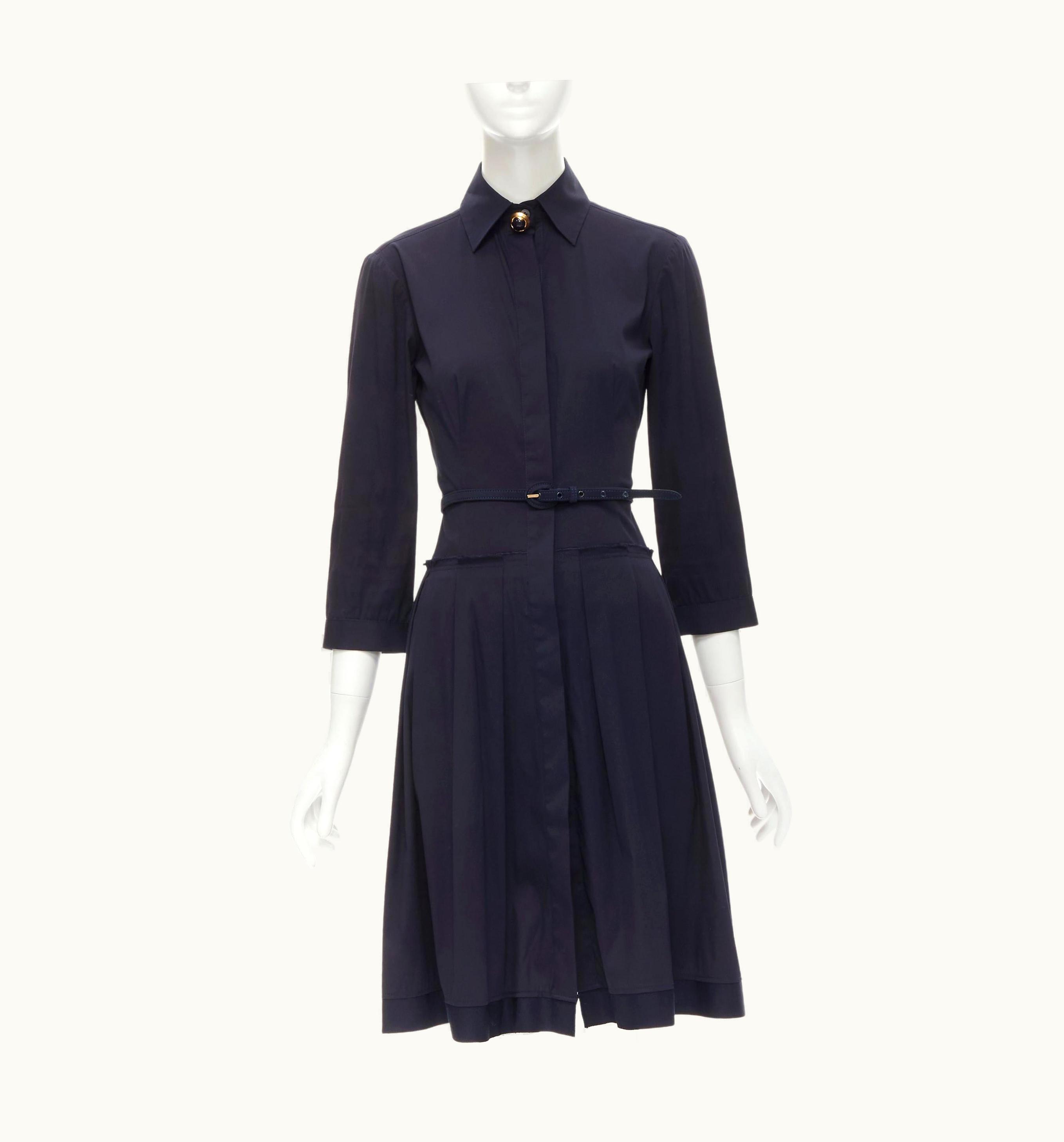 Oscar De La Renta Oscar De La Renta Navy Blue Cotton Decorative Gold Button Belted Dress