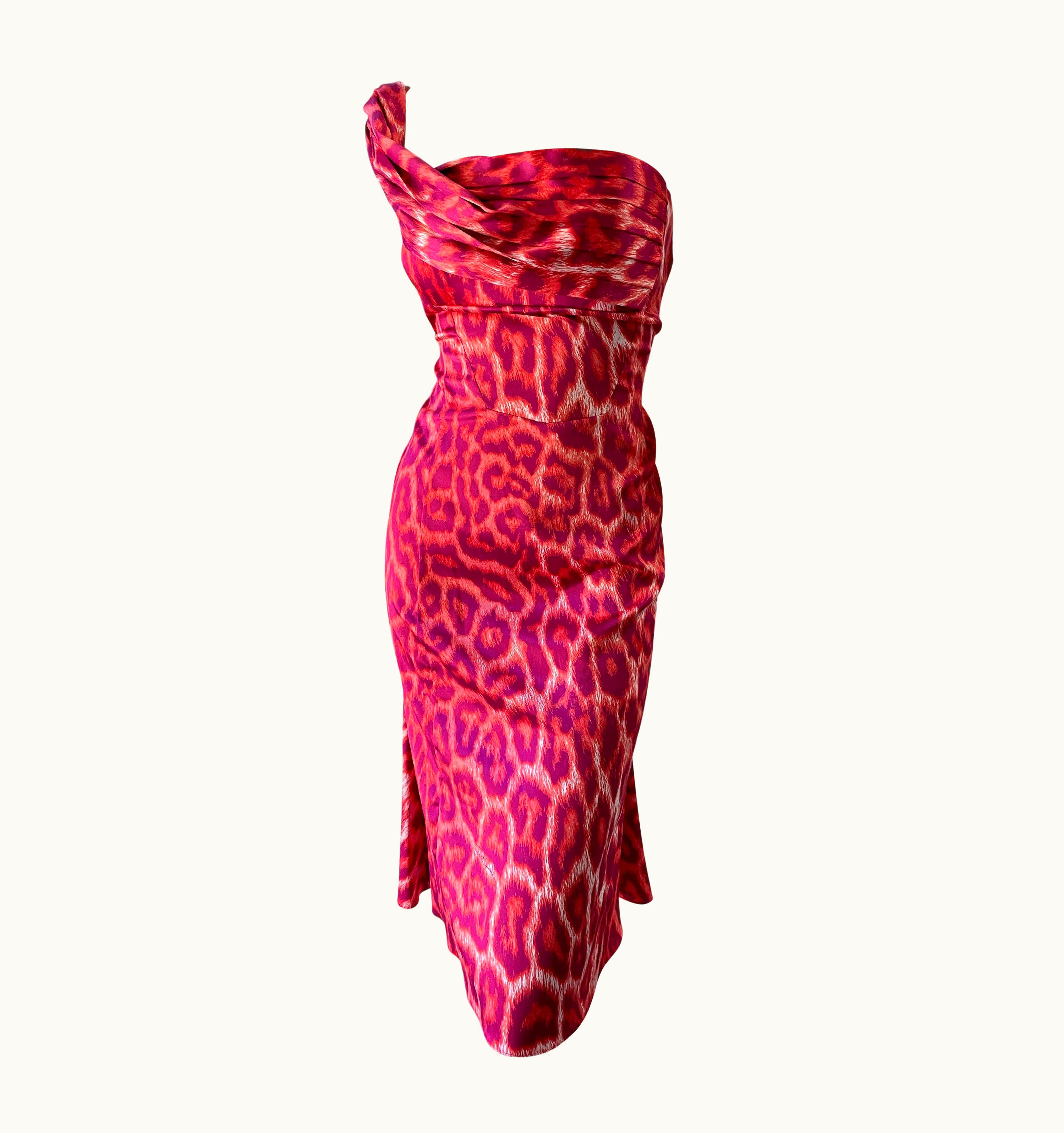 Just Cavalli Just Cavalli Vintage One Shoulder Red Leopard Print Cocktail Dress With Tags