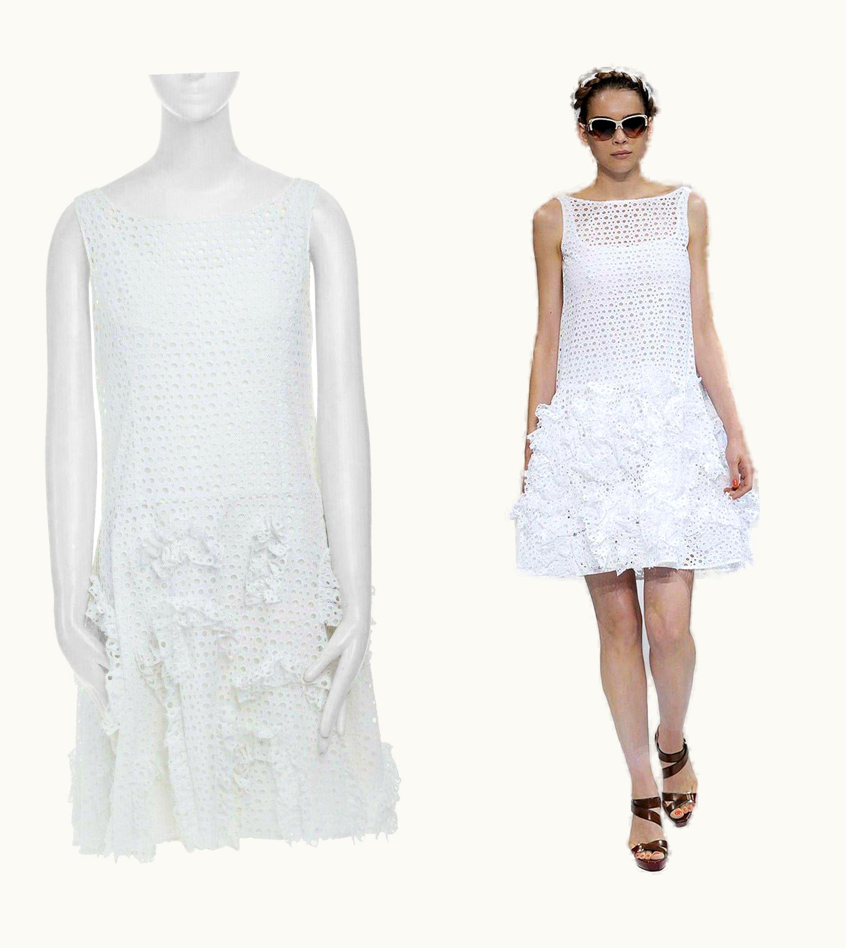 Oscar De La Renta Oscar De La Renta S/S White Embroidery Eyelet Ruffle Trimmed Cocktail Dress