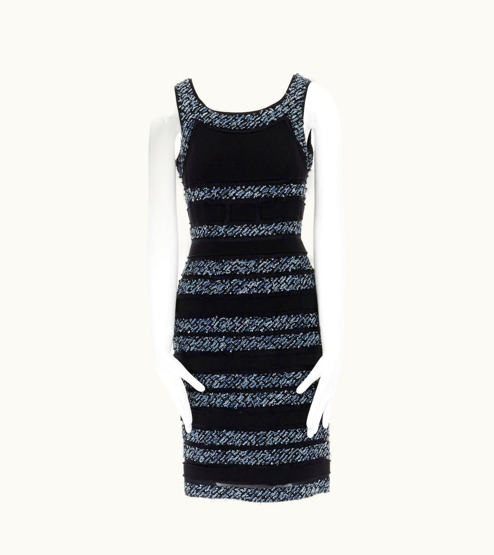 Oscar De La Renta Oscar De La Renta R11 Black Wool Blue Tweed Panelled Cocktail Dress