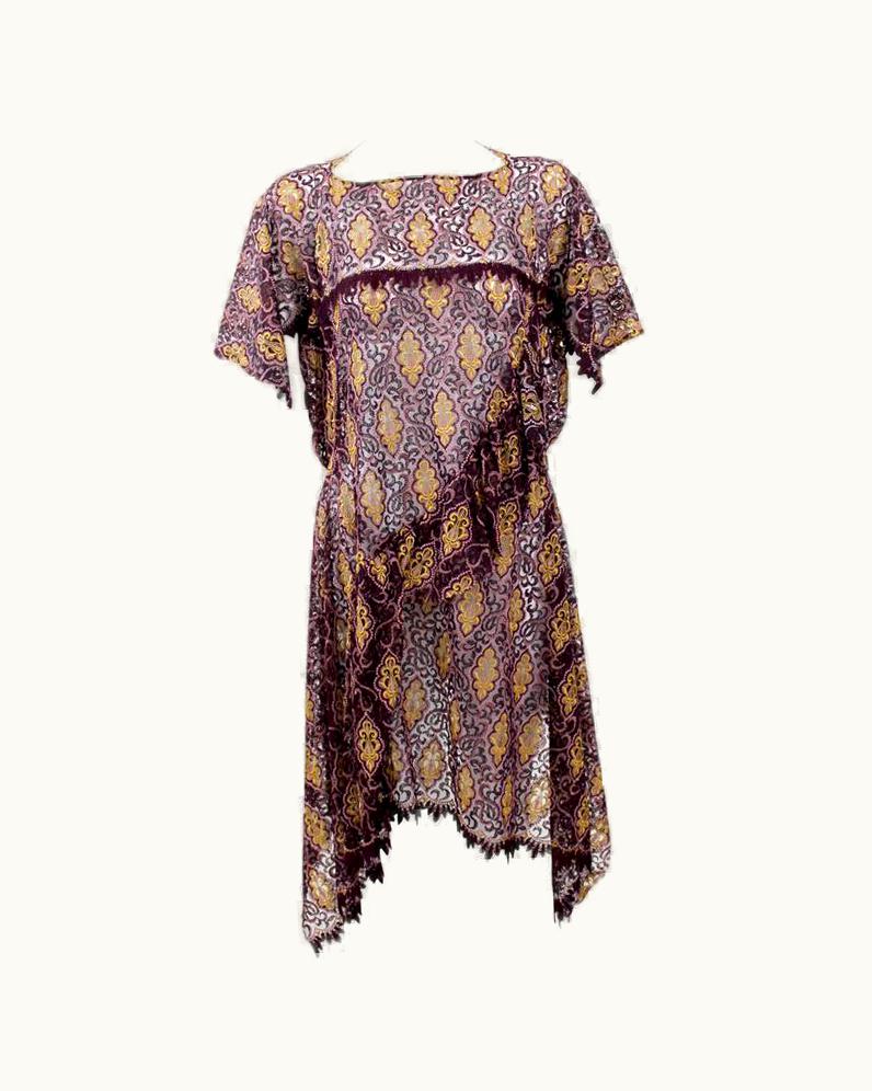 Comme Des Garçons Junya Watanabe Comme Des Garcons Burgundy Purple Gold Lace Kimono Sleeve Dress