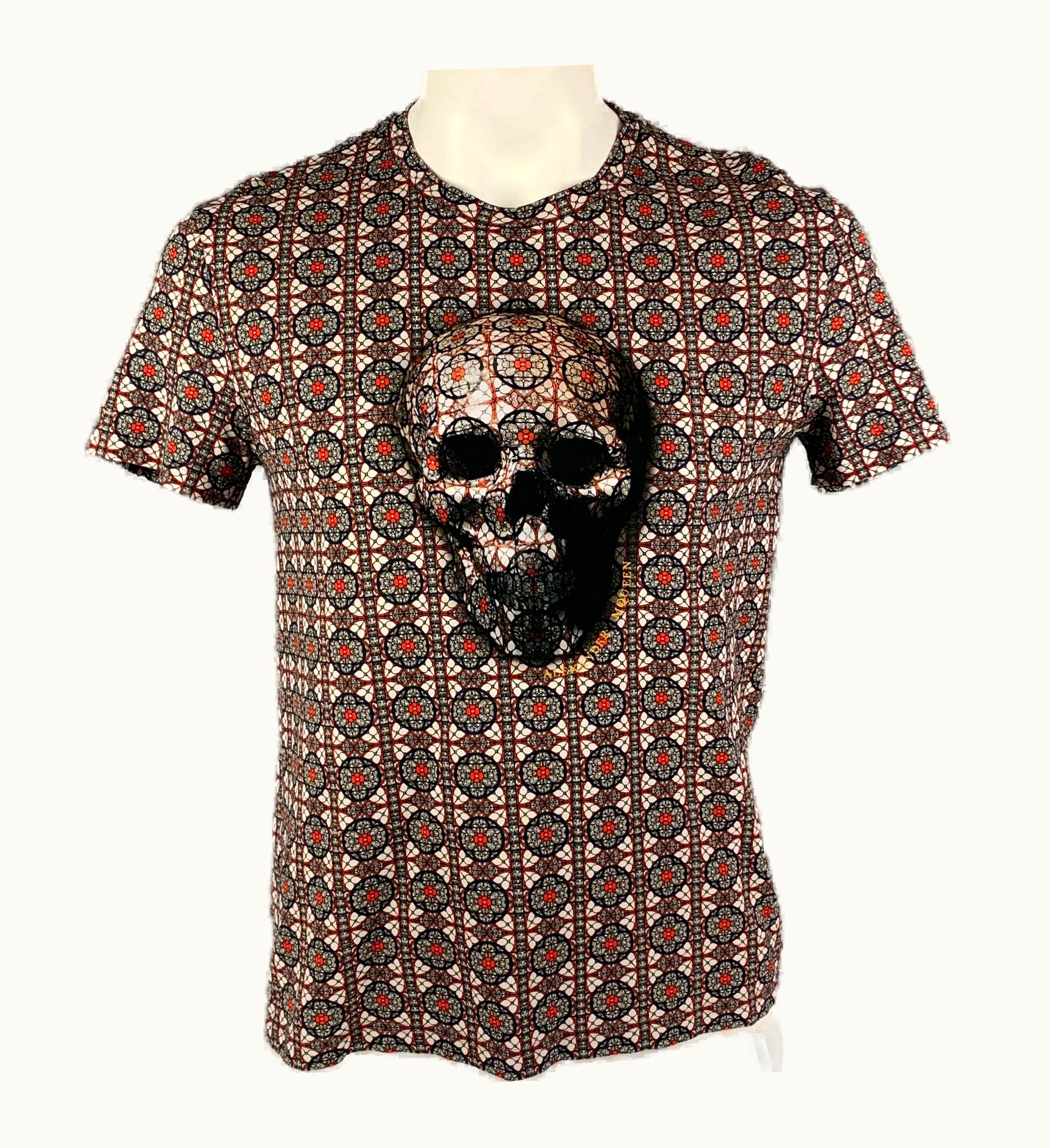 Alexander McQueen Alexander Mcqueen Navy Red White Print Cotton Crew-Neck T-shirt