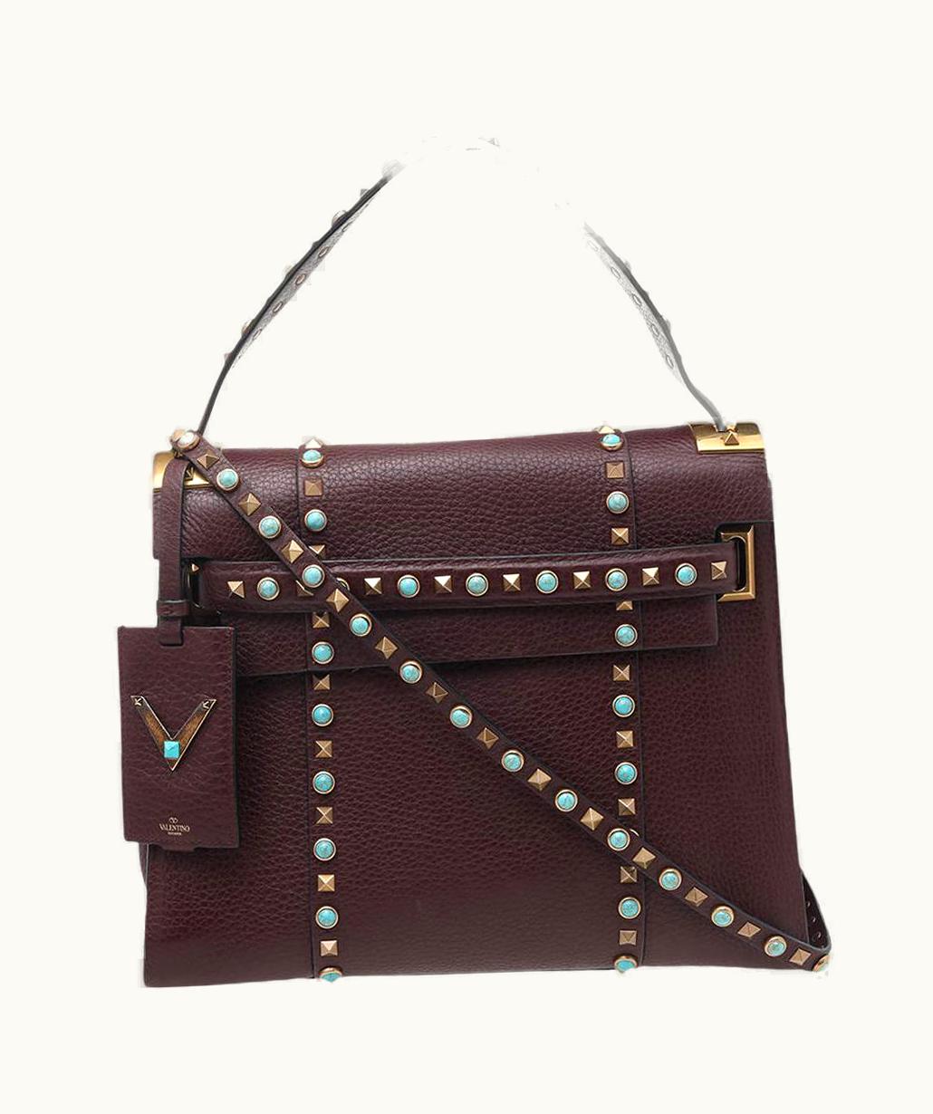 Valentino Valentino Burgundy Leather Medium My Rockstud Rolling Top Handle Bag UZ0604233