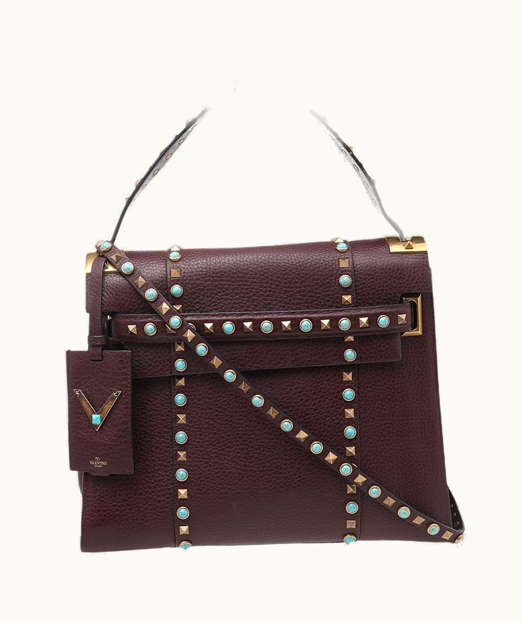Valentino Valentino Burgundy Leather Medium My Rockstud Rolling Top Handle Bag UZ0604238