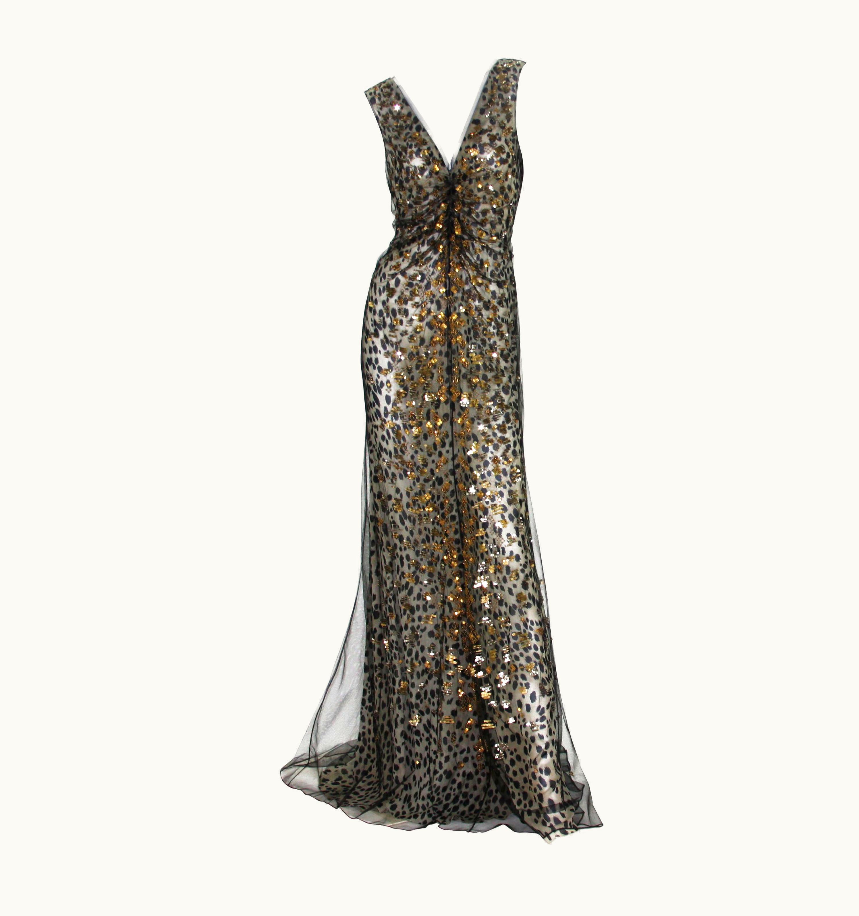 Roberto Cavalli Roberto Cavalli $6600 Silk Black Net Beaded Leopard Print Dress Gown It