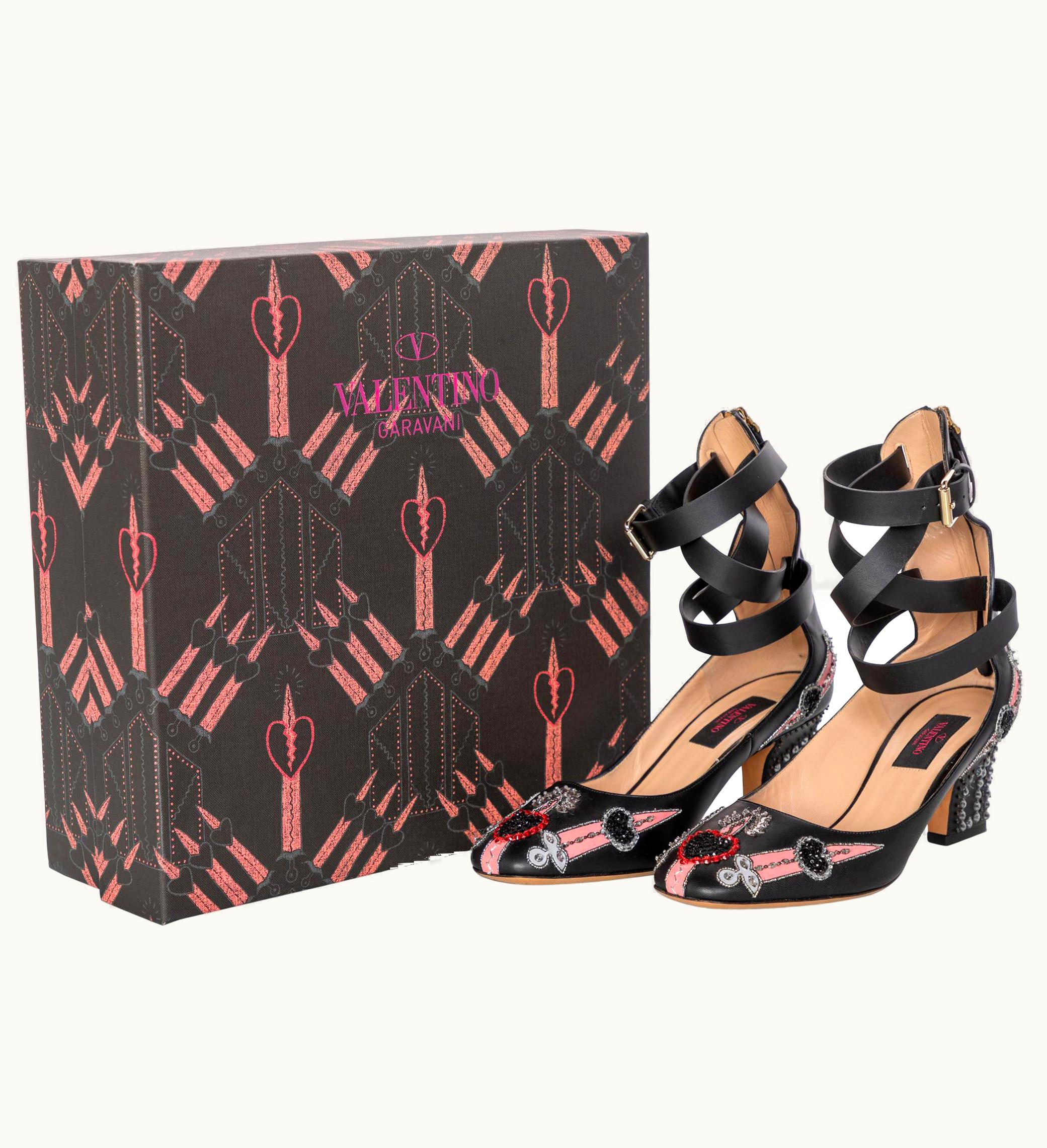 Valentino Valentino Love Blade Black Crystal Embellished Ankle Strap Pumps