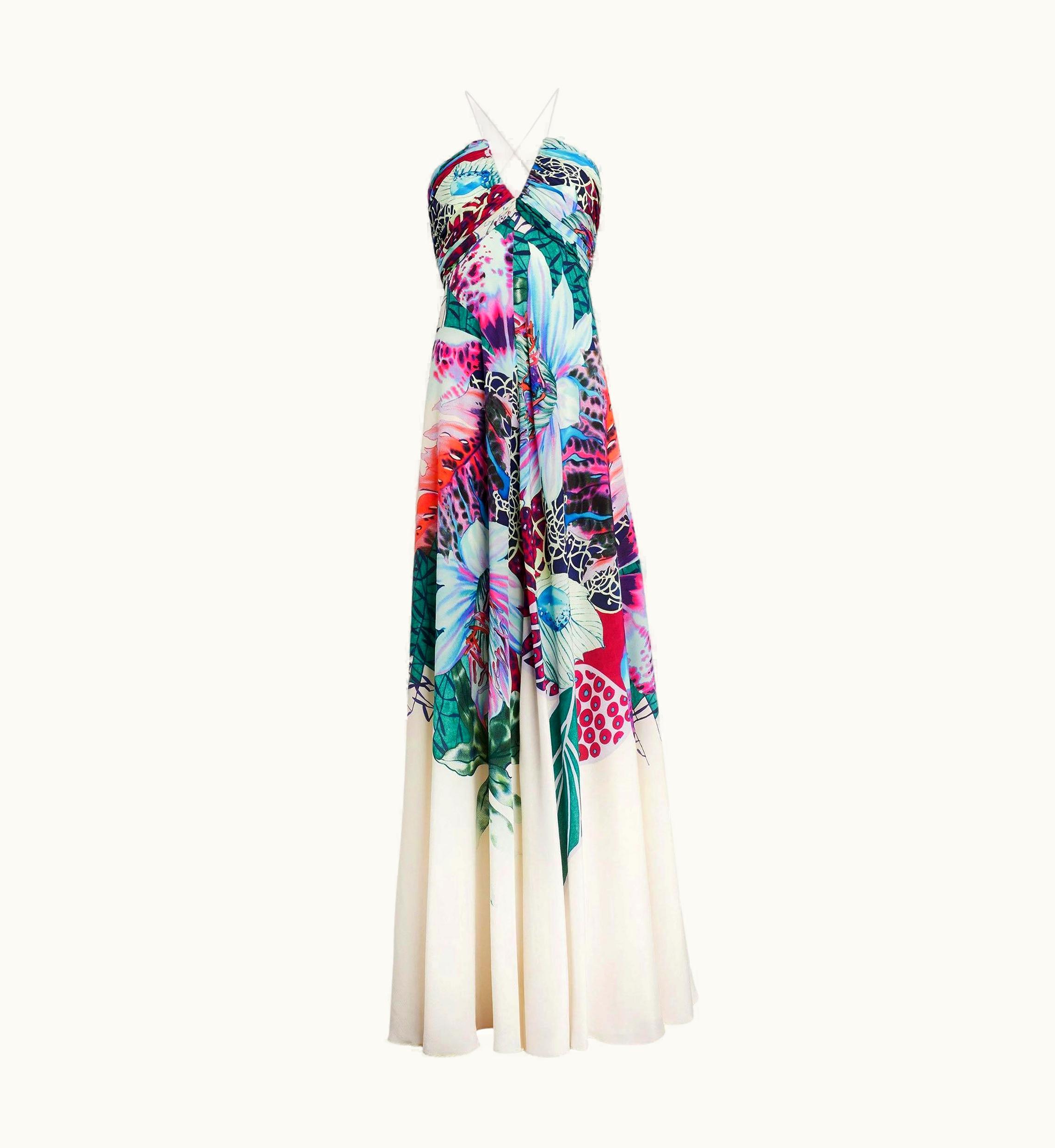 Roberto Cavalli Nwt $4850 AW 2018 Roberto Cavalli Exotic Flora Print Ivory Silk Maxi Dress It