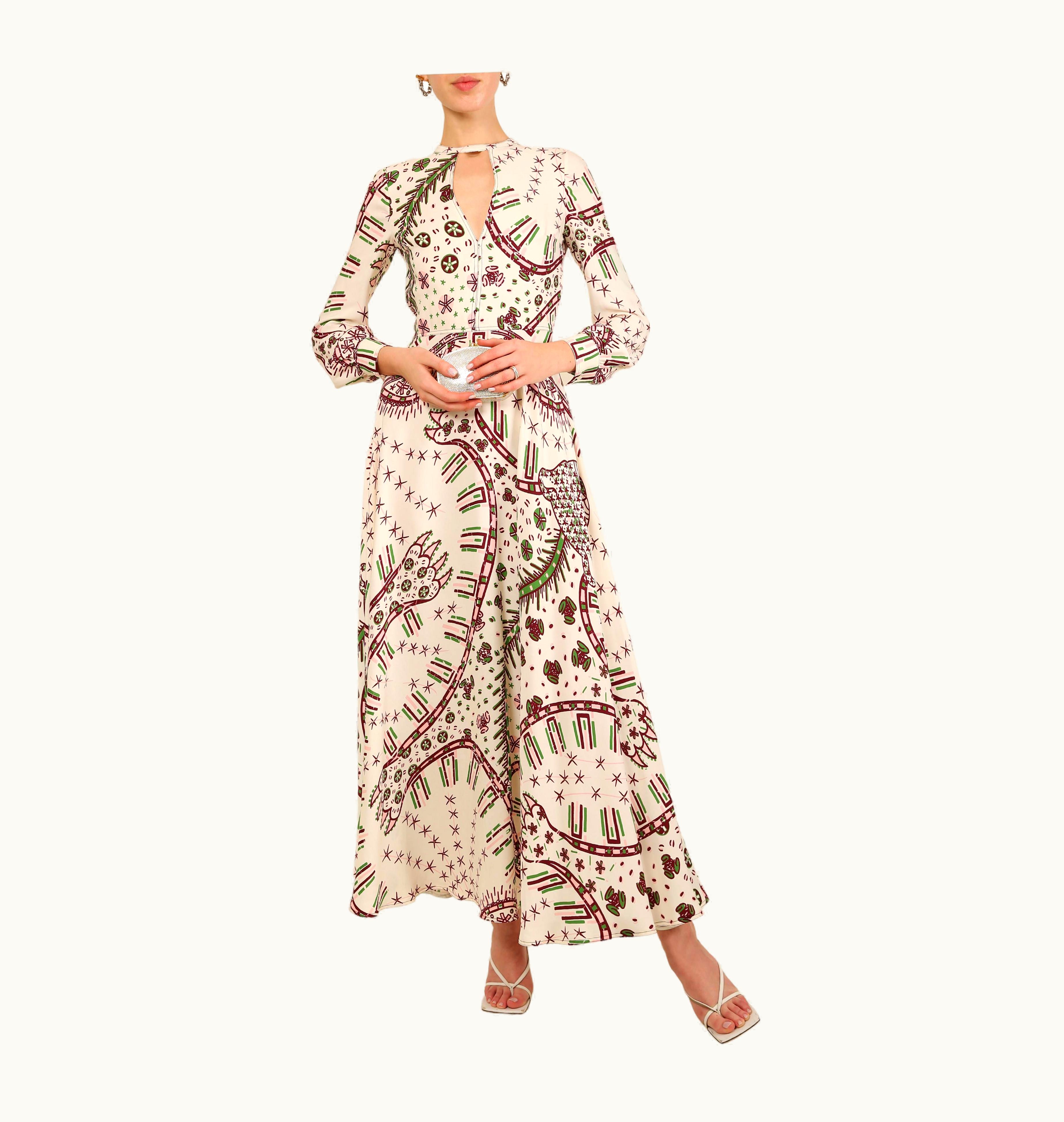 Valentino Valentino 18 White Aztec Leopard Print Crepe Cady Low Cut Silk Gown Dress It