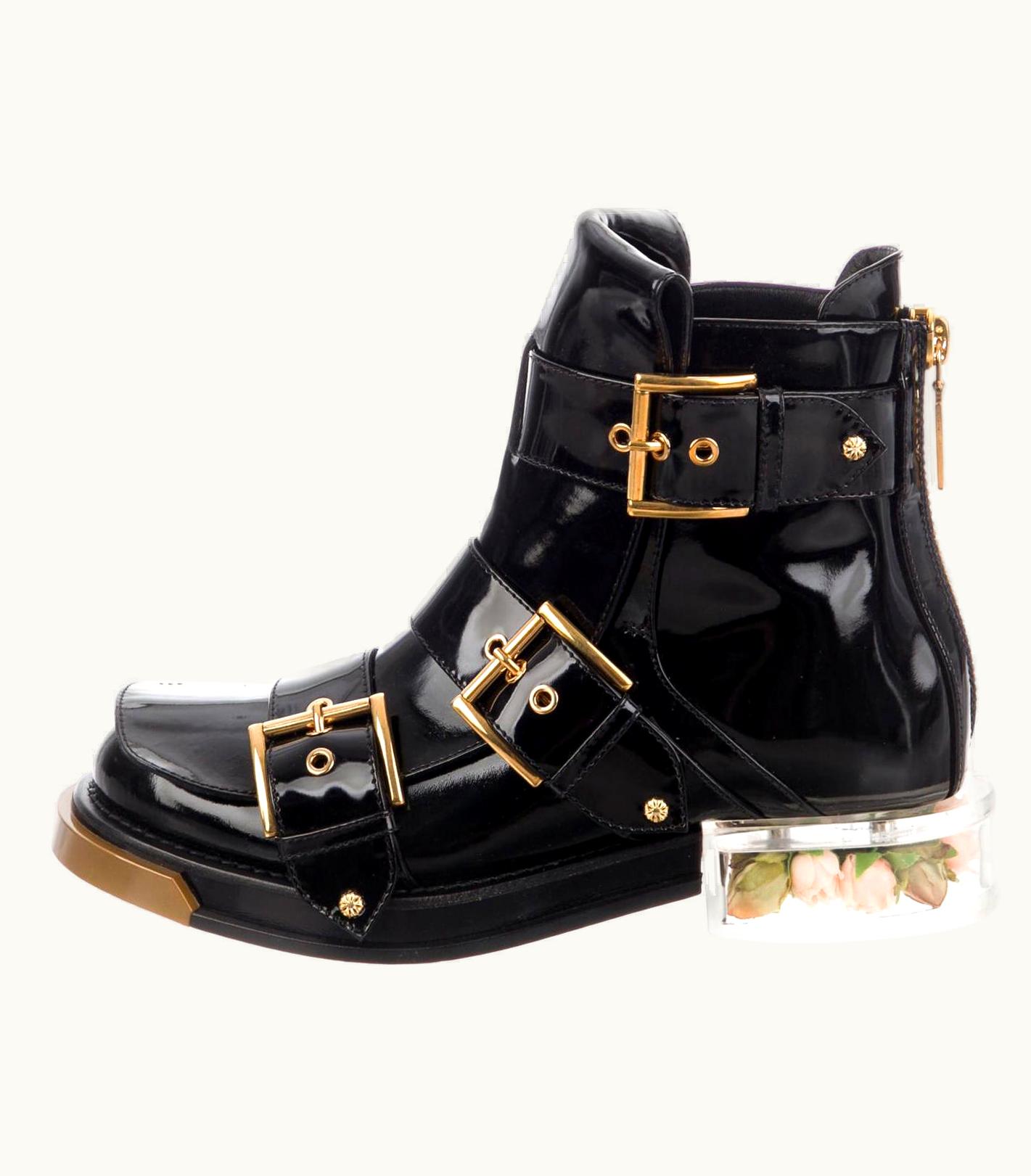Alexander McQueen Alexander McQueen Brushed Leather 3-Buckle Rose Bud Heel Ankle Boots 36 Us