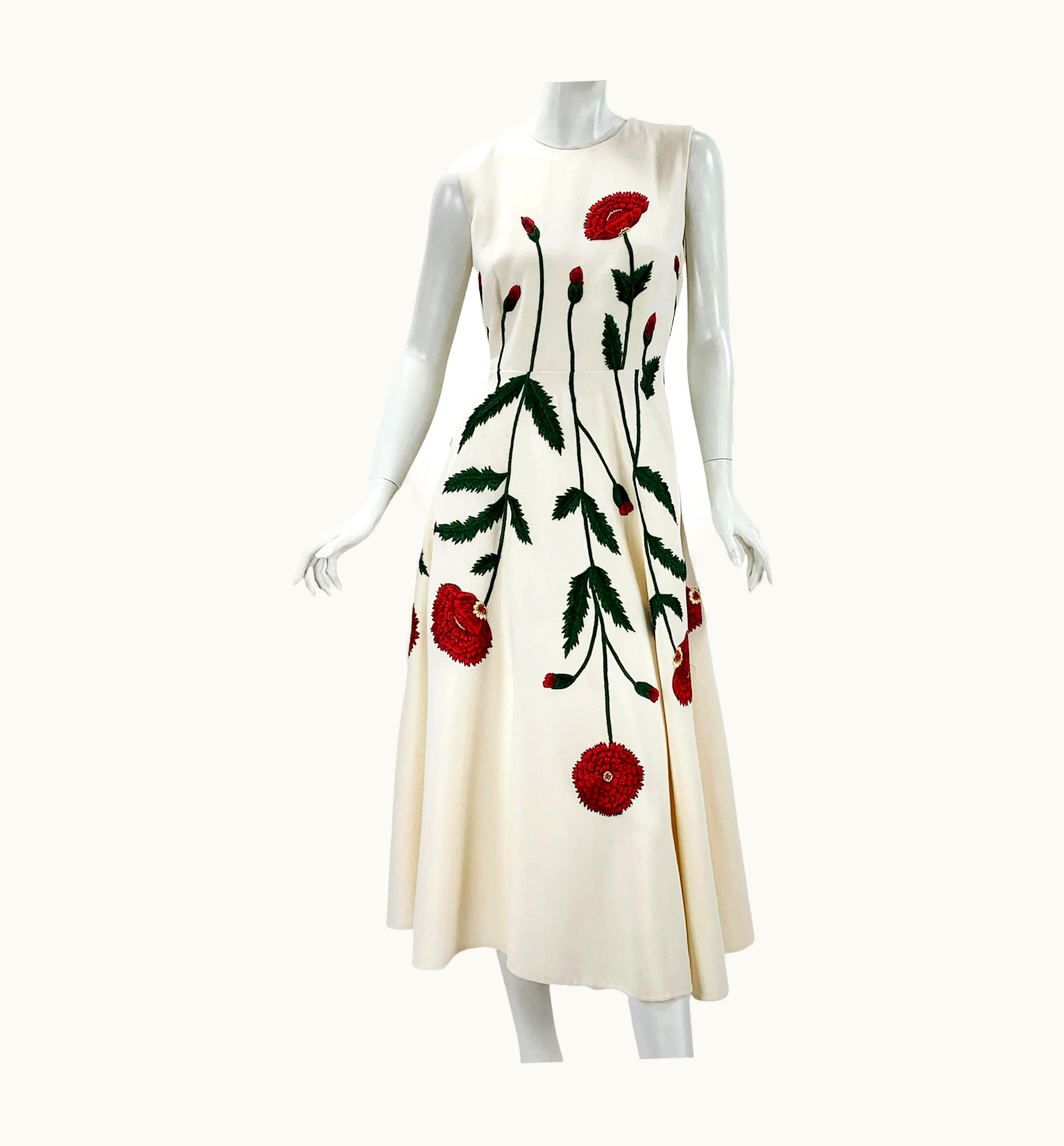 Oscar De La Renta Nwt Oscar De La Renta S/S 2019 Poppy Embroidered Stretch-Wool Crepe Dress Us