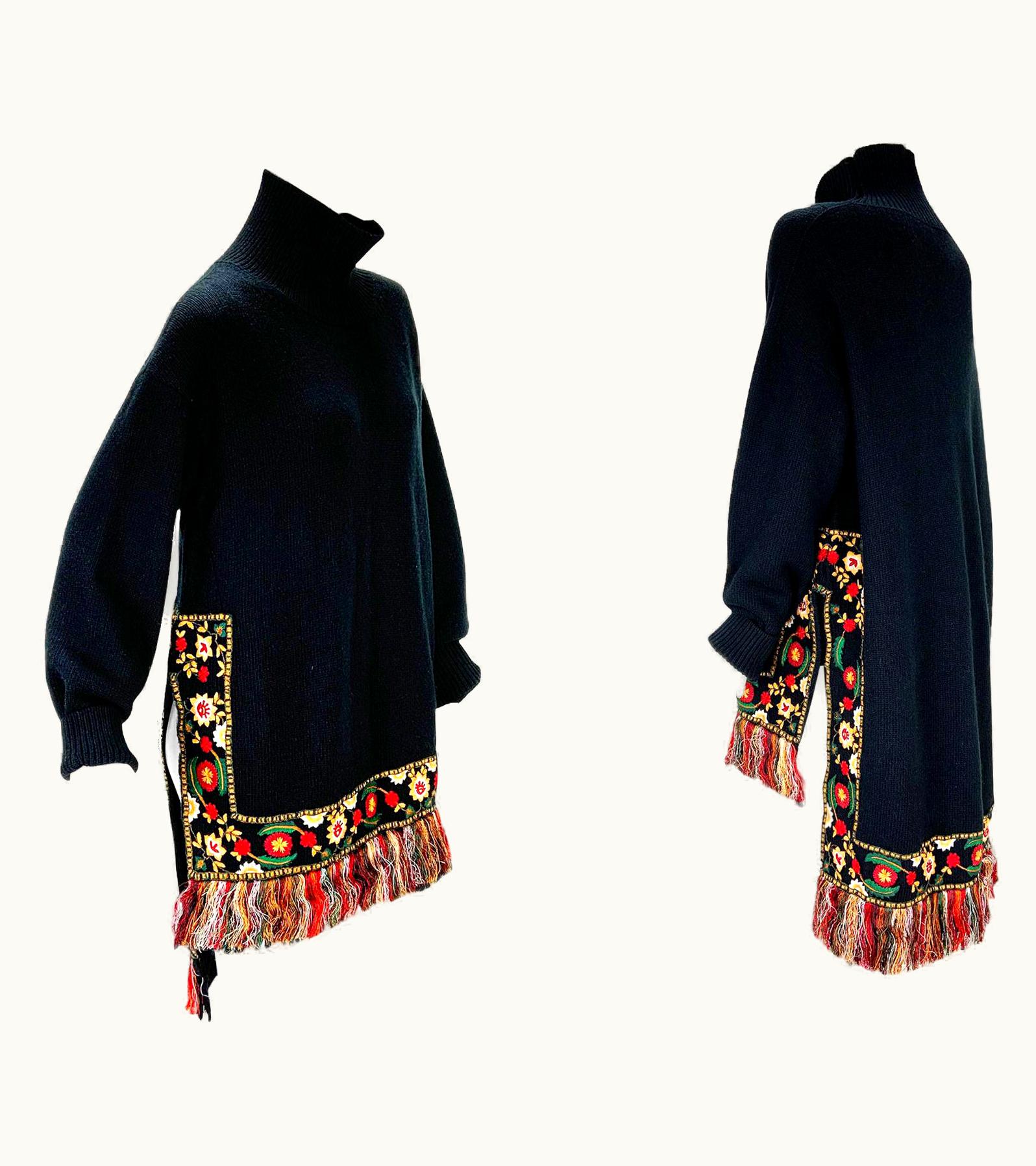 Oscar De La Renta Oscar De La Renta AW 2019 High Low Black Embroidered Beaded Fringe Pullover