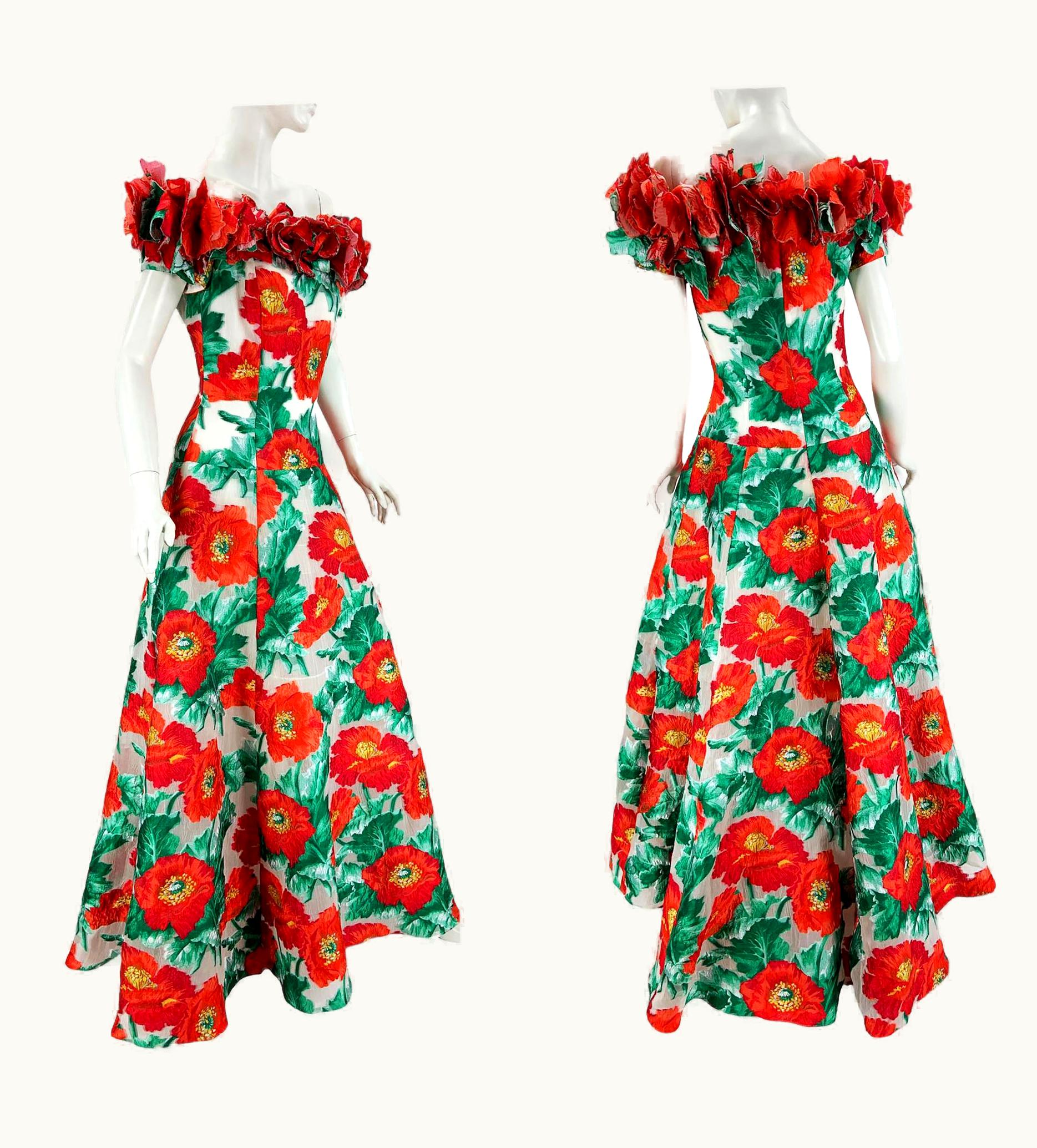 Oscar De La Renta $12990 Oscar De La Renta Poppy Flowers Off-Shoulder Corset Dress Gown Us