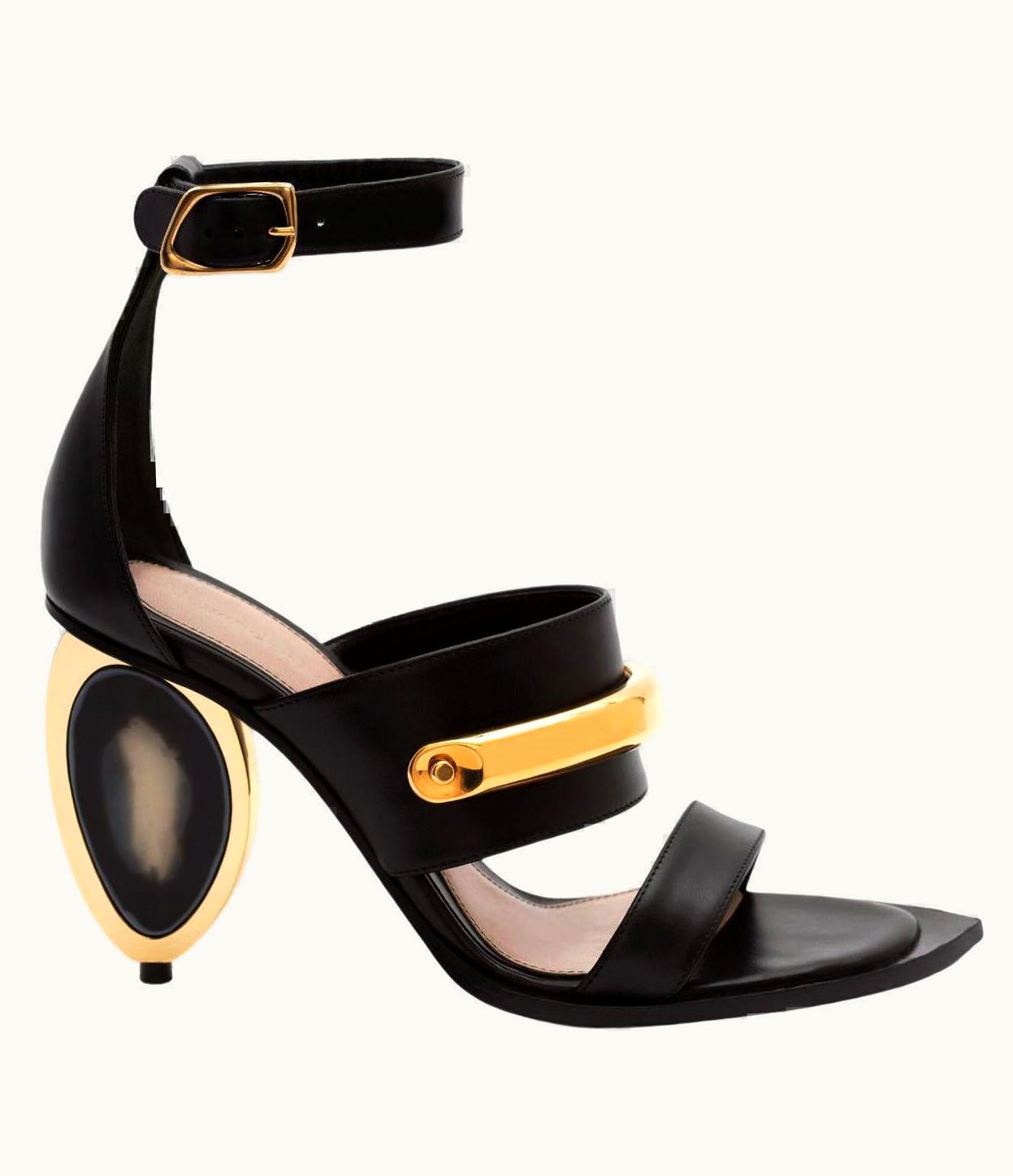 Alexander McQueen Nwt Alexander McQueen Black Leather Gold Cuff Bar Strap Shoes Sandals Italian