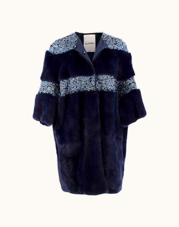 Valentino Valentino Runway Navy Floral Sequin Panelled Mink Fur Coat