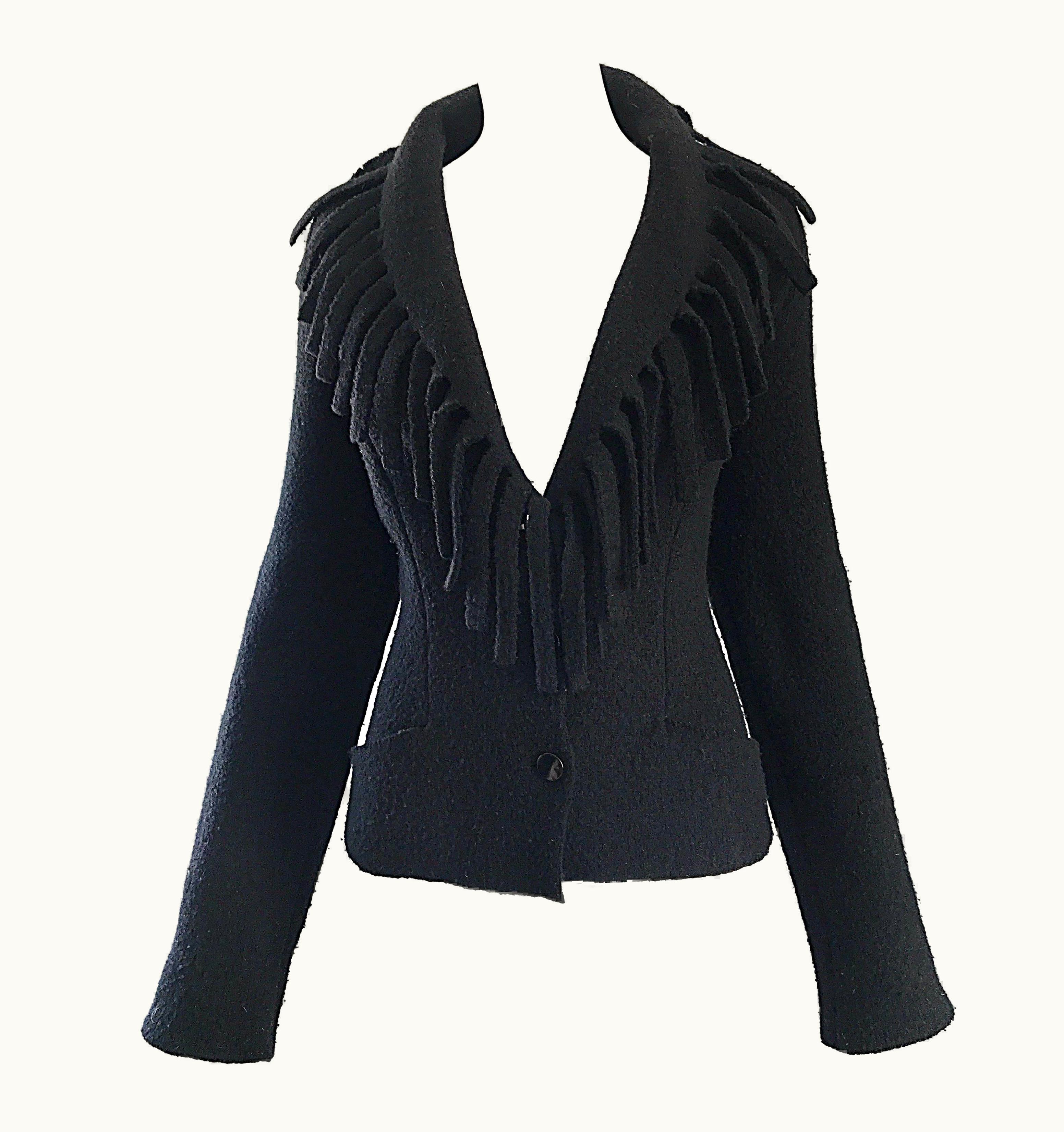 Mugler Rare Vintage Thierry Mugler Black Fringe Collar Avant Garde Boiled Wool Jacket