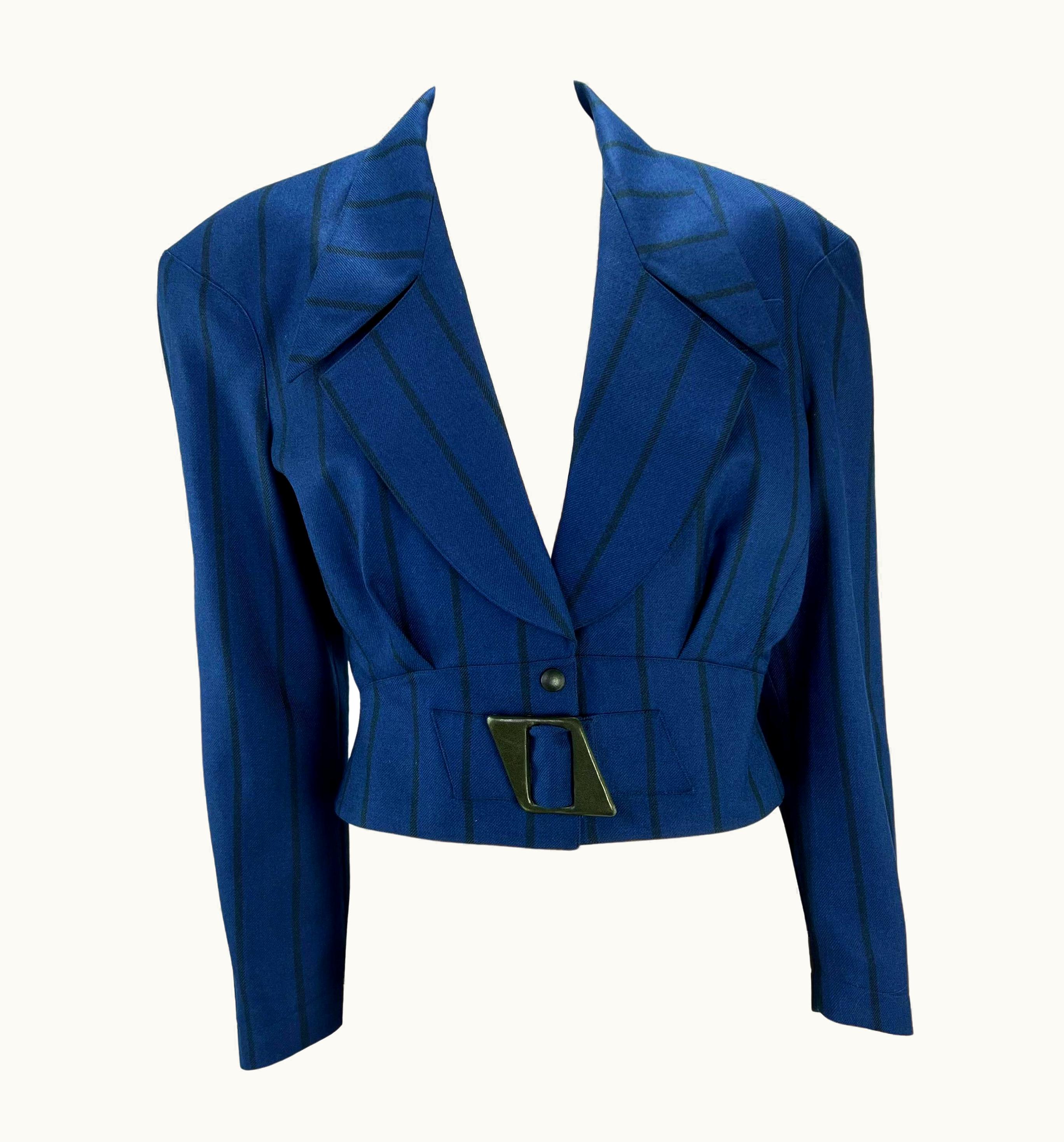 Mugler 1980s Thierry Mugler Blue Cropped Sculptural Belted Pinstripe Wool Blazer