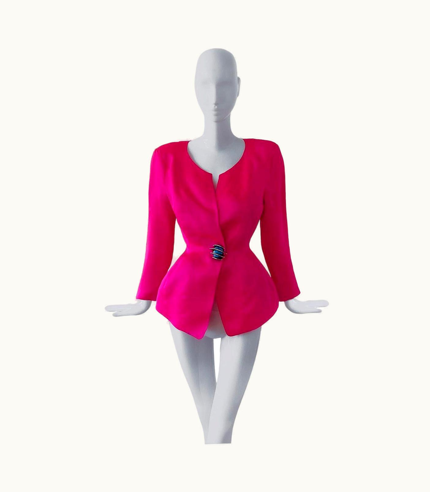 Mugler Fabulous Rare Hot Pink Thierry Mugler Jacket Pure Silk Silver Metal Button Eleme
