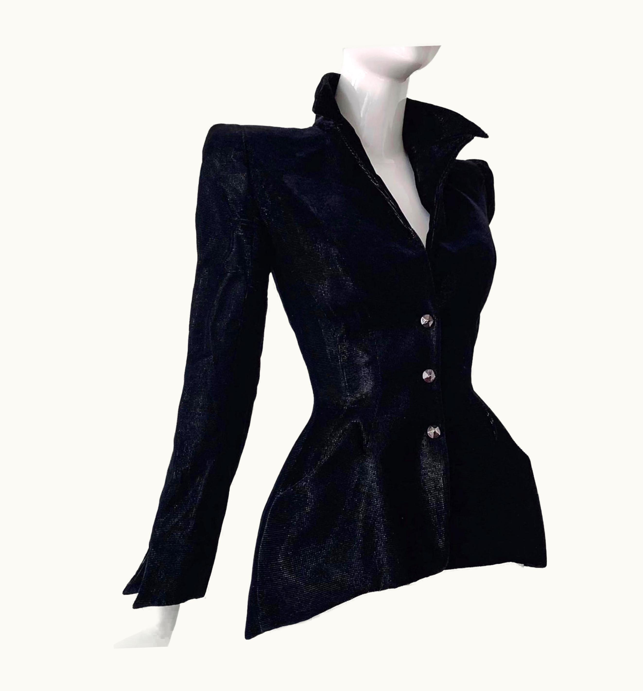 Mugler Rare Thierry Mugler Blazer Jacket Black Metallic Glitter Velvet Sculptural