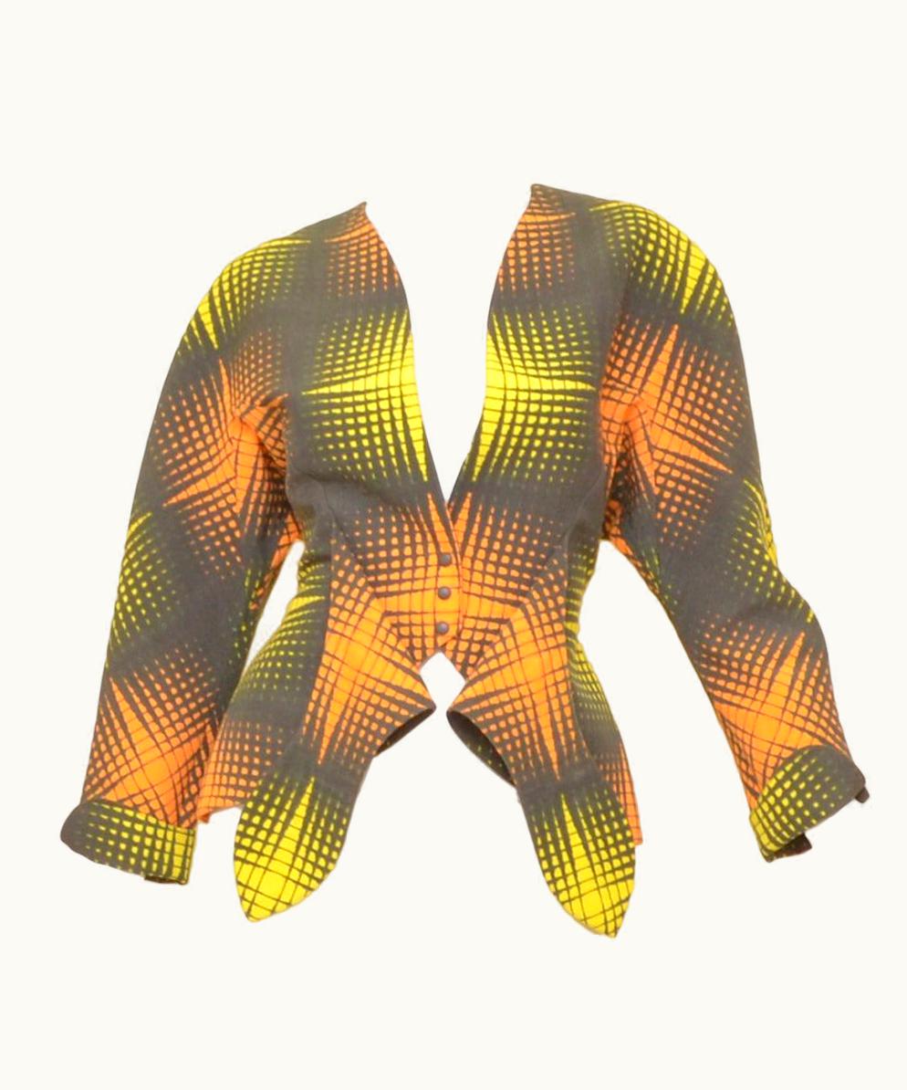 Mugler Thierry Mugler Grey Orange Yellow Op Art Checkered Print Worsted Wool Blazer