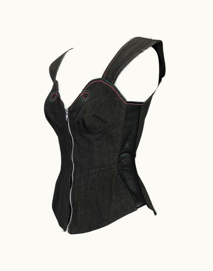 Mugler Late 1970s Thierry Mugler Denim Mesh Corset Bustier Top