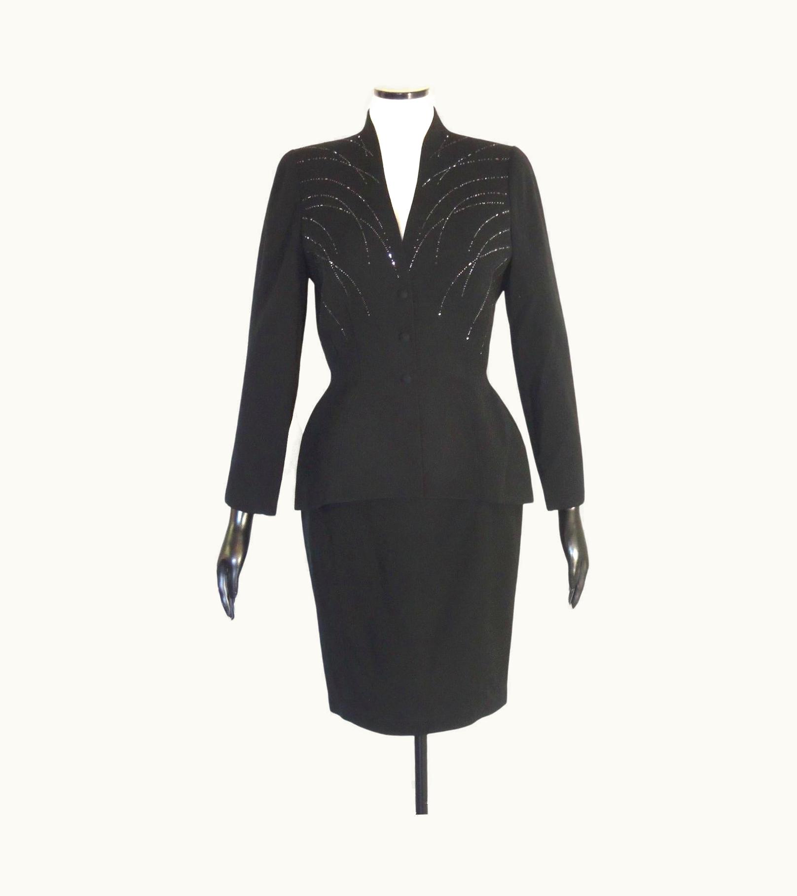 Mugler Thierry Mugler Vintage Black Embellished Skirt Suit