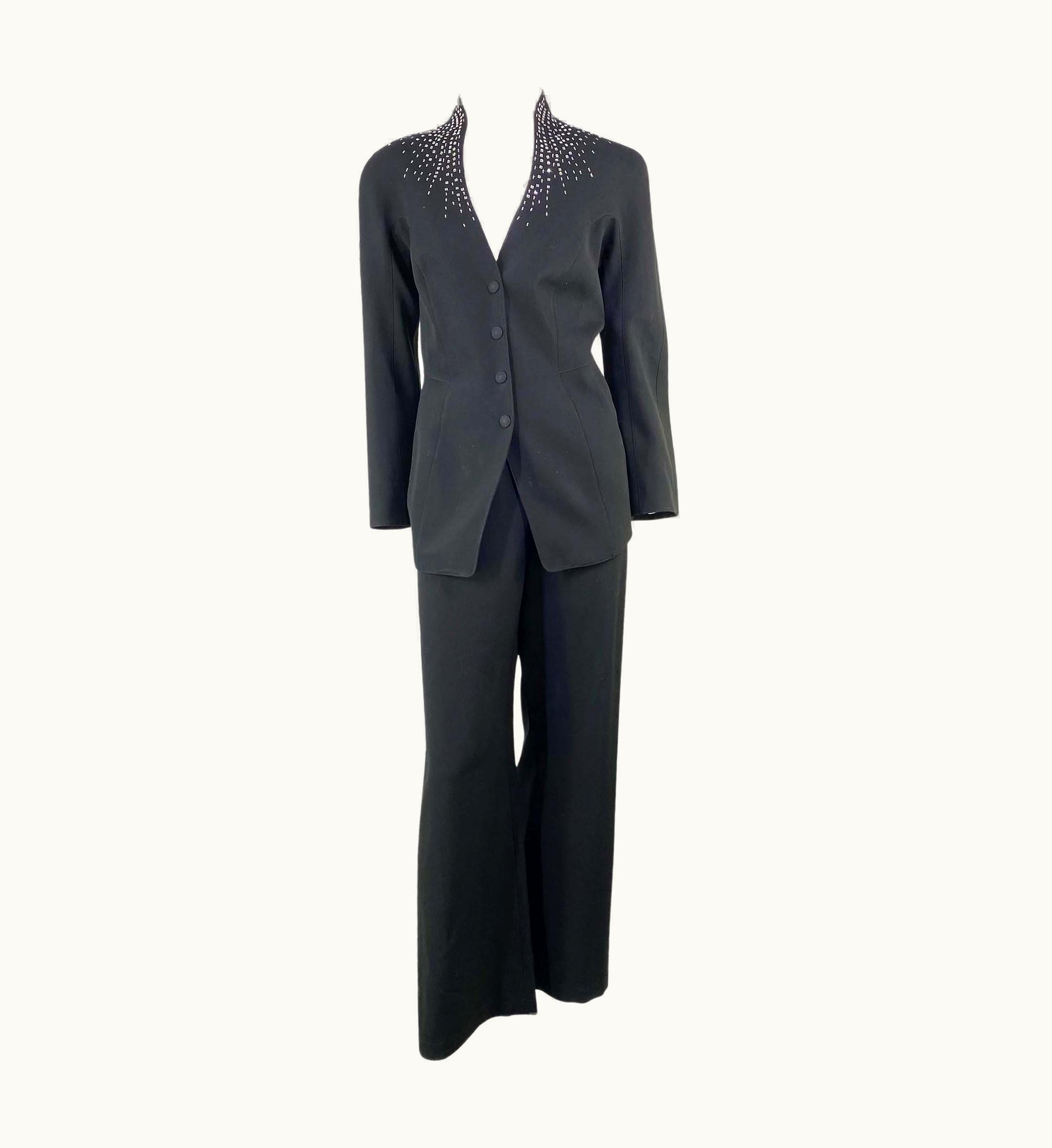 Mugler 1990s Thierry Mugler Square Rhinestone Wide Leg Pantsuit