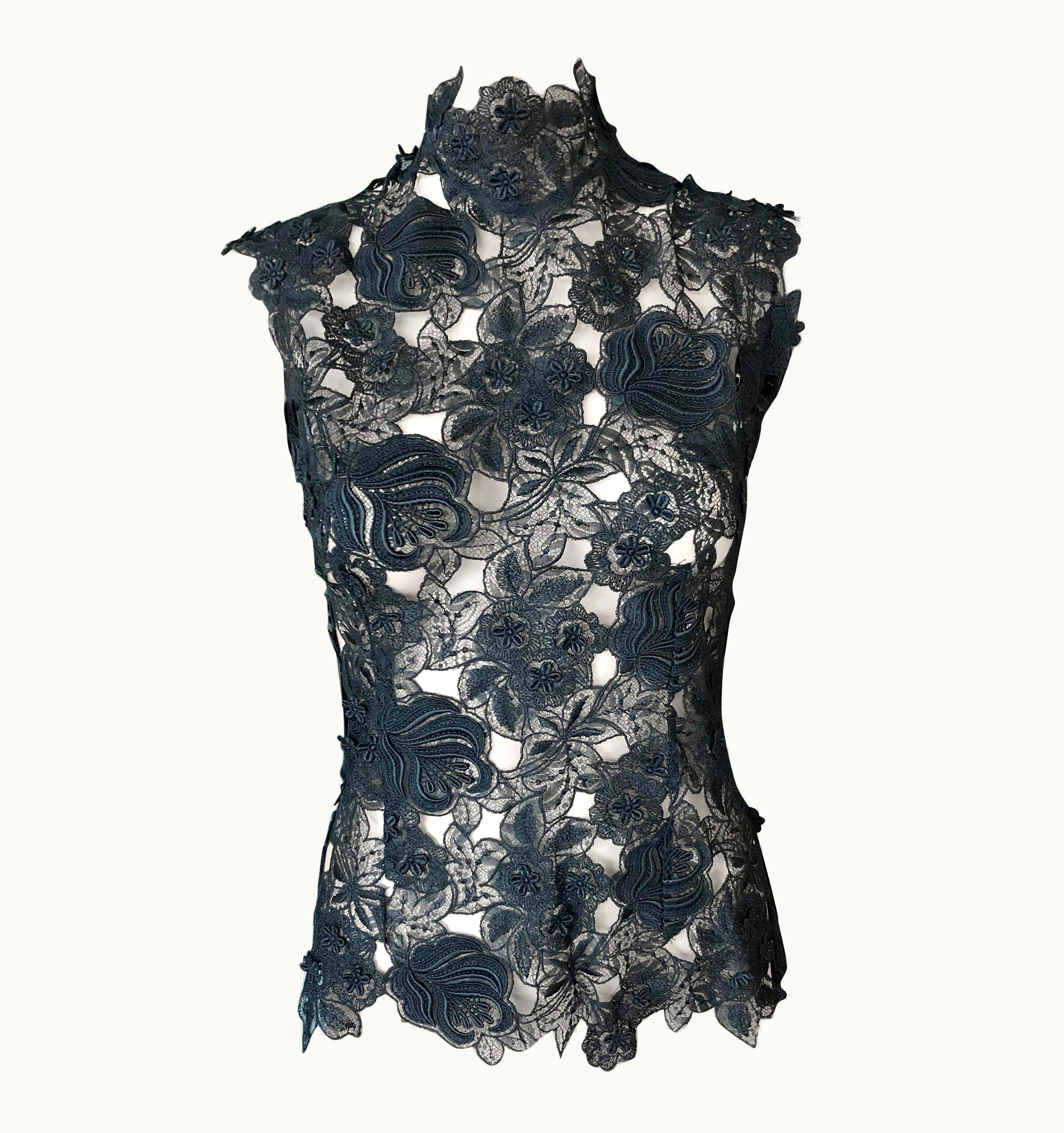 Mugler Thierry Mugler Vintage Lace Mock Neck Black Blouse Top