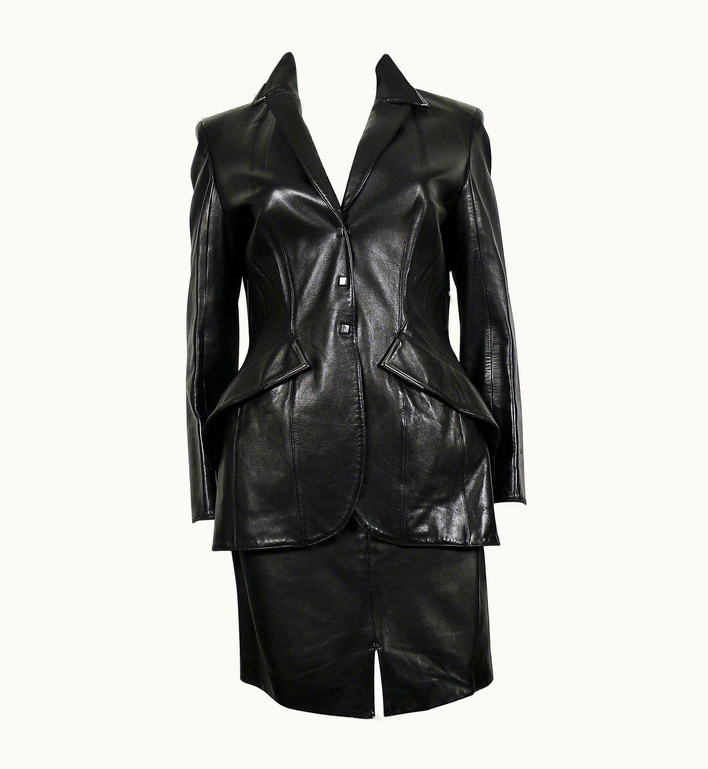 Mugler Thierry Mugler Couture Vintage Black Lambskin Leather Skirt Suit