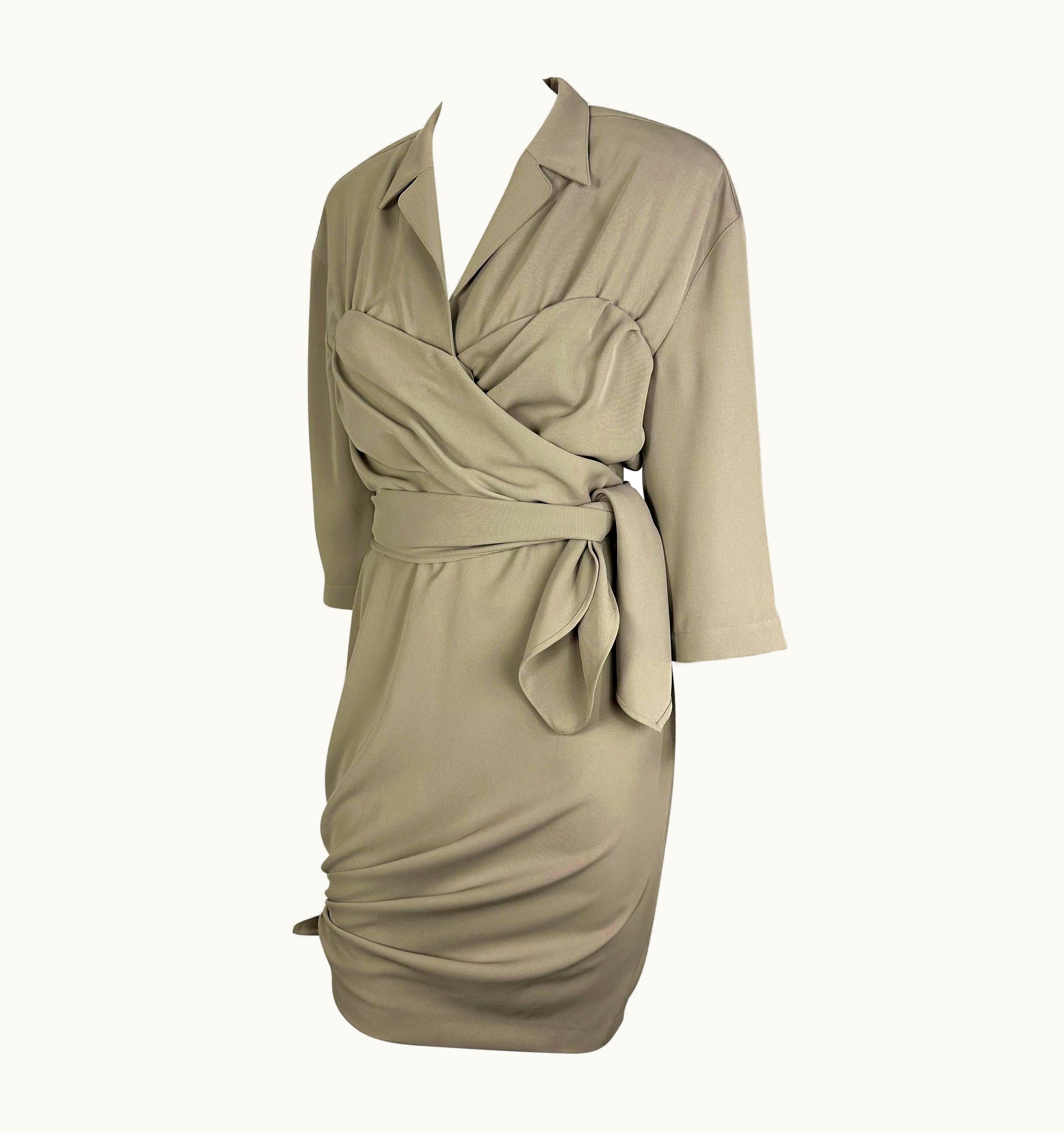 Mugler 1980s Thierry Mugler Khaki Faux-Wrap Tie Accent Dress