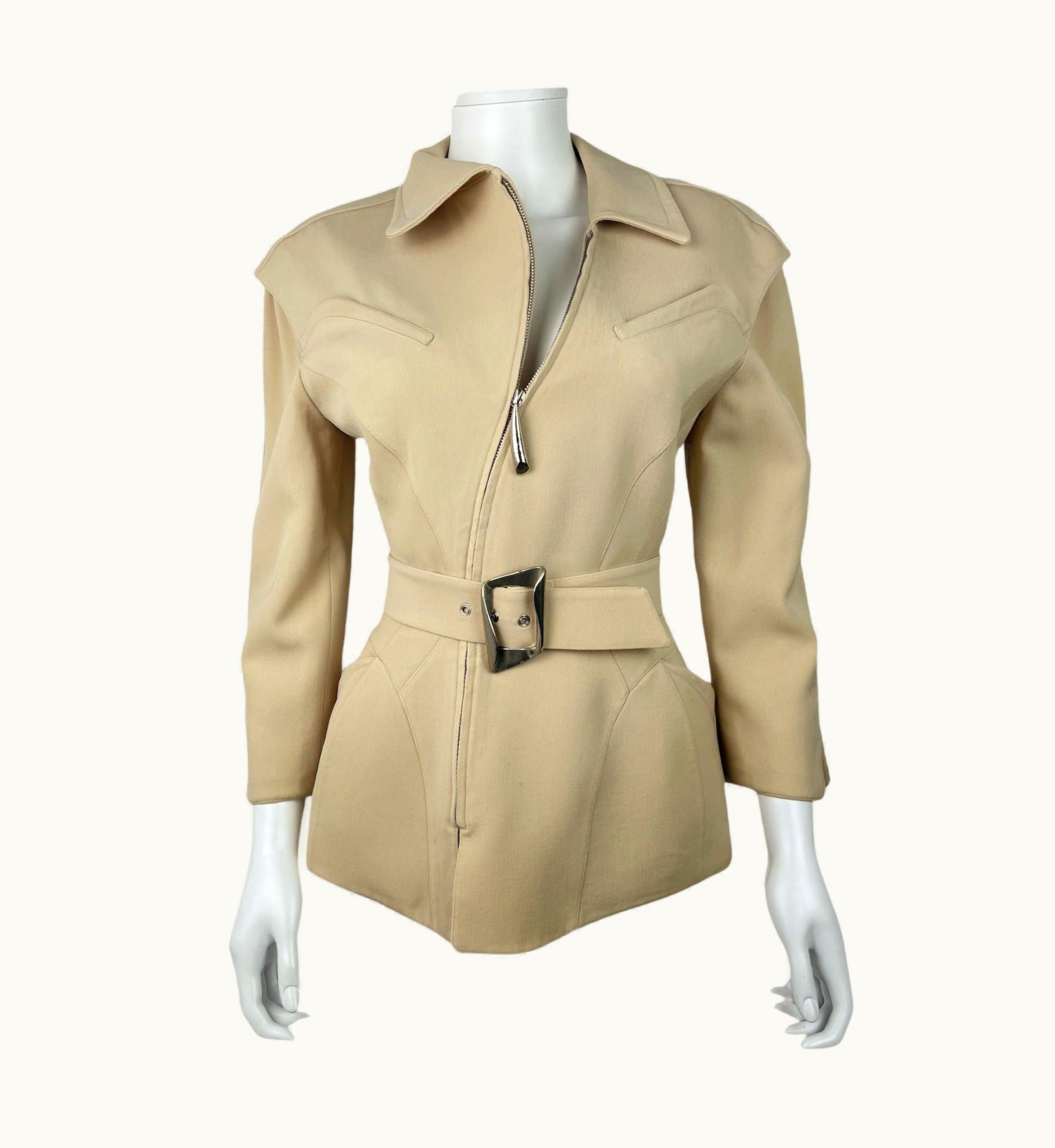 Mugler Vintage Thierry Mugler Belted Jacket Beige Wool Pockets Zipper Metalic Hardware