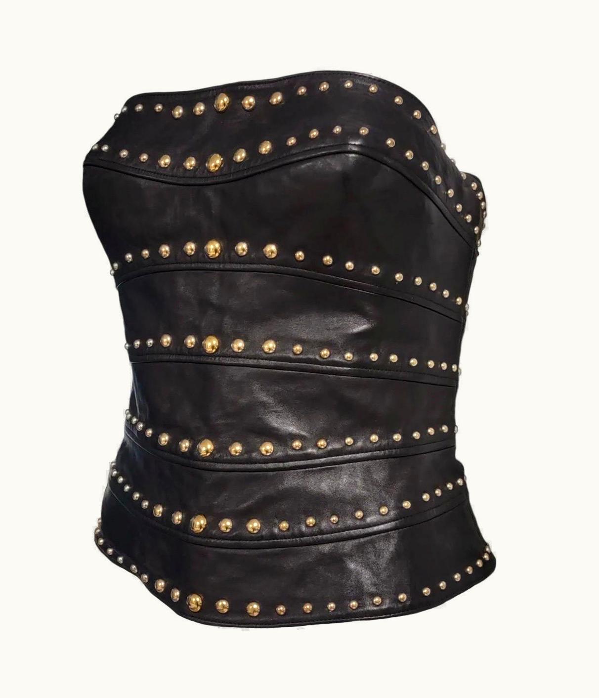 Mugler 1990s Thierry Mugler Black Leather Studded Strapless Bustier Corset