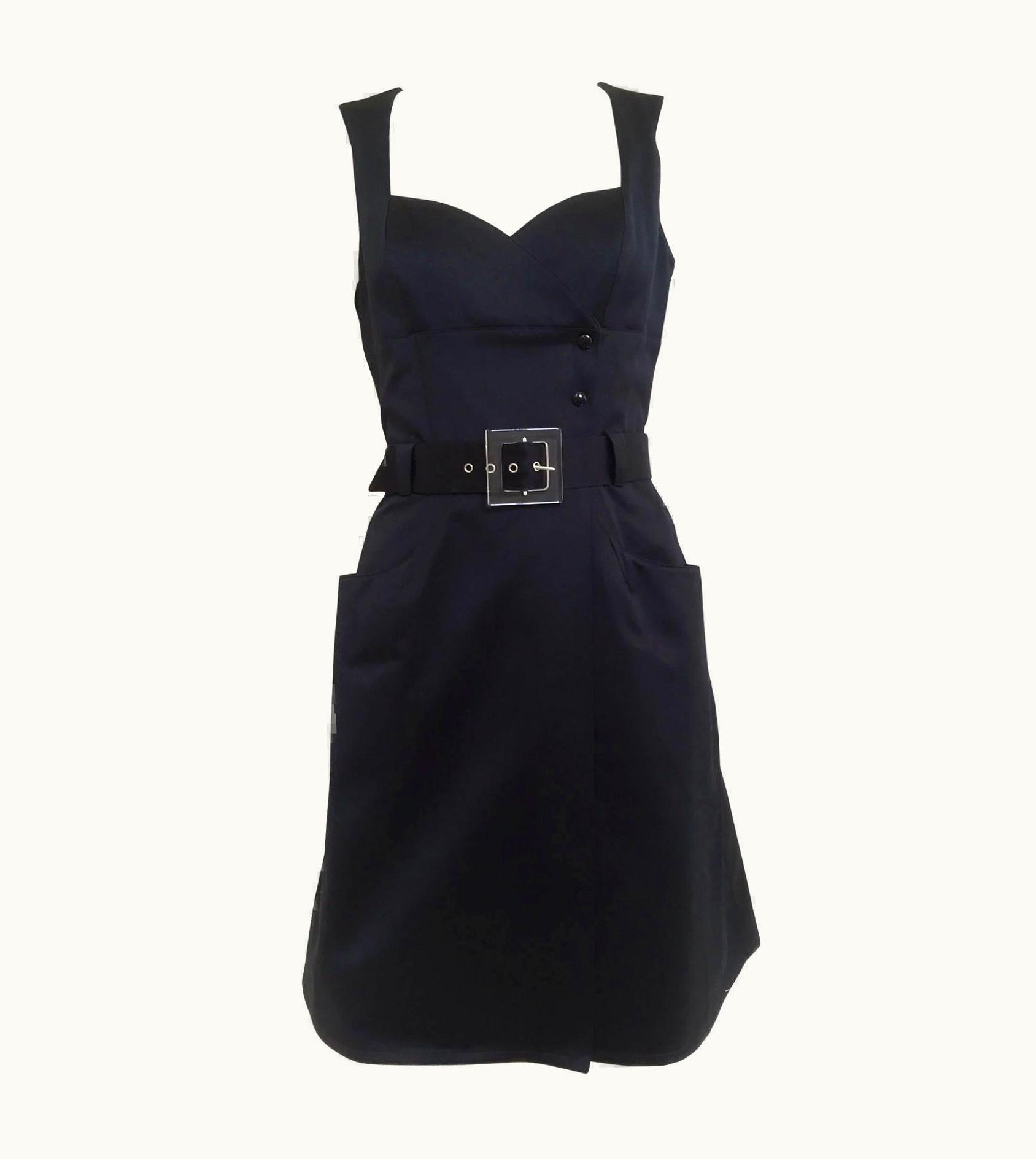 Mugler Thierry Mugler Vintage Black Cotton Wrap Dress With Acrylic Belt, 1990s