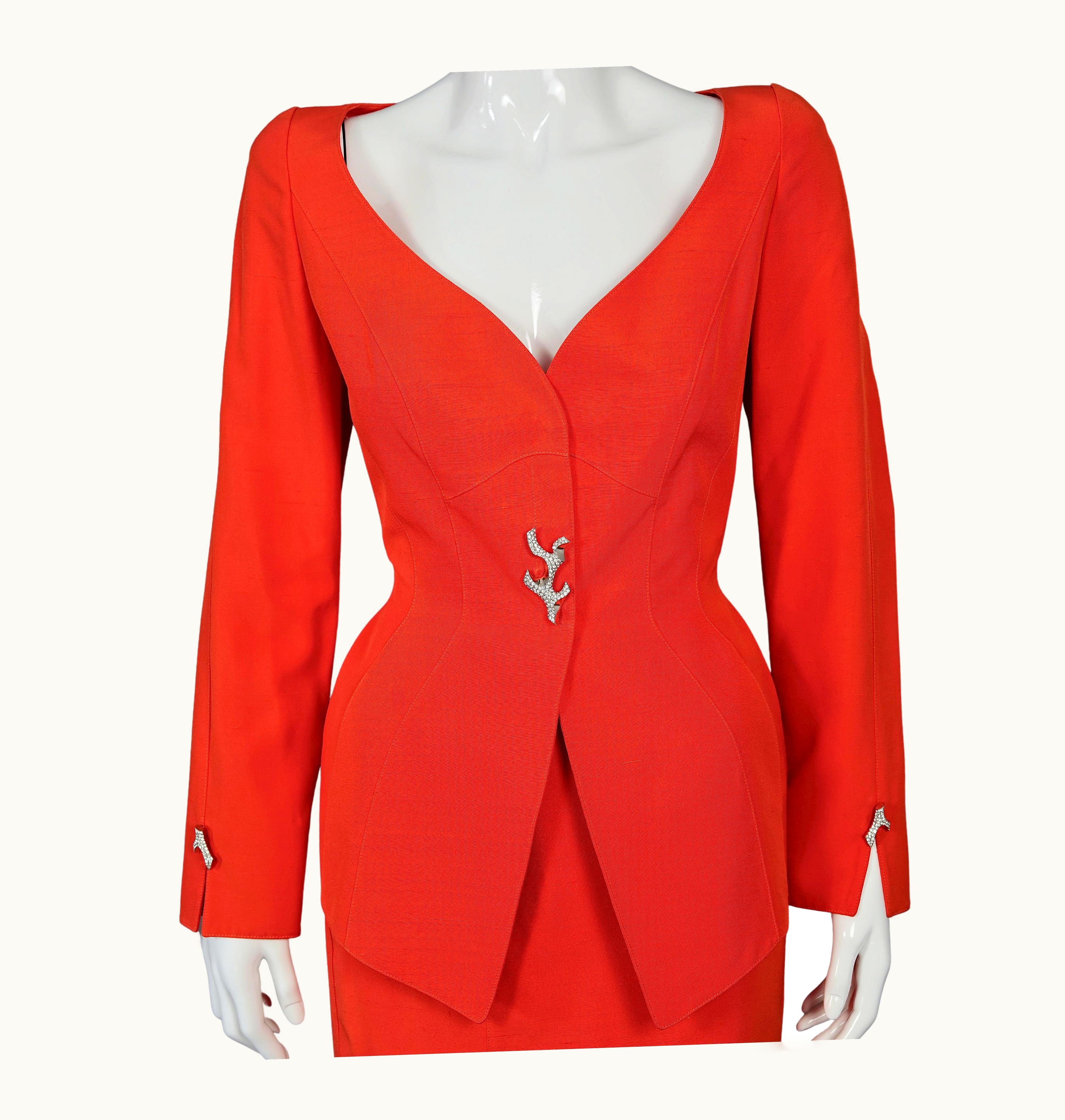 Mugler Vintage Thierry Mugler Jeweled Coral Button Orange Jacket Skirt Suit
