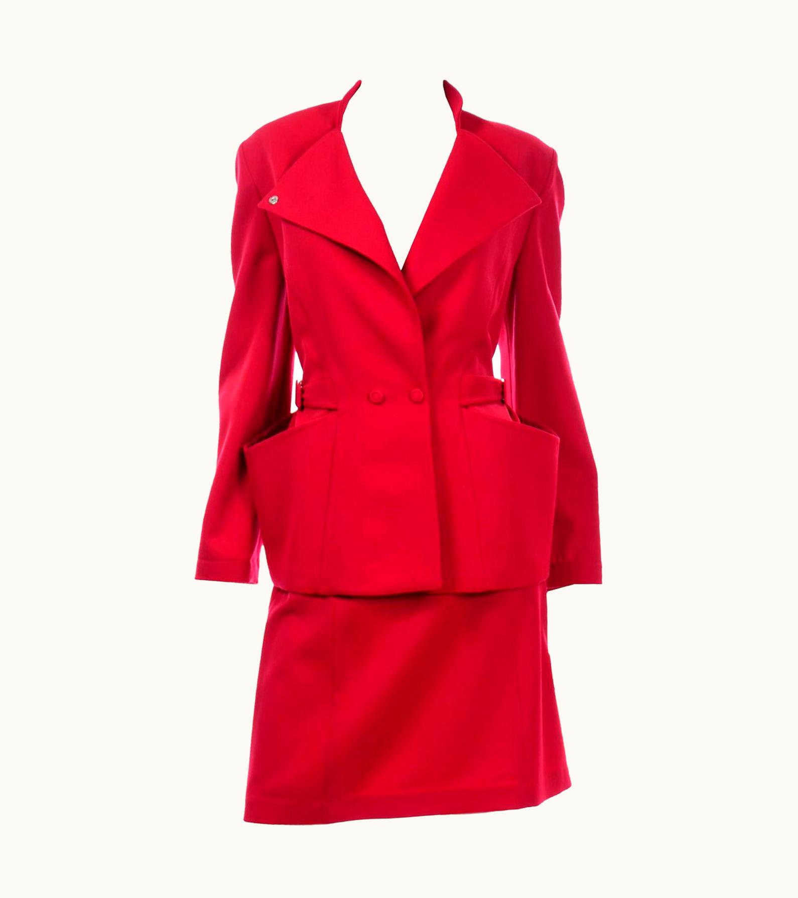 Mugler Vintage Thierry Mugler Paris Cherry Red Wool Skirt & Jacket Suit